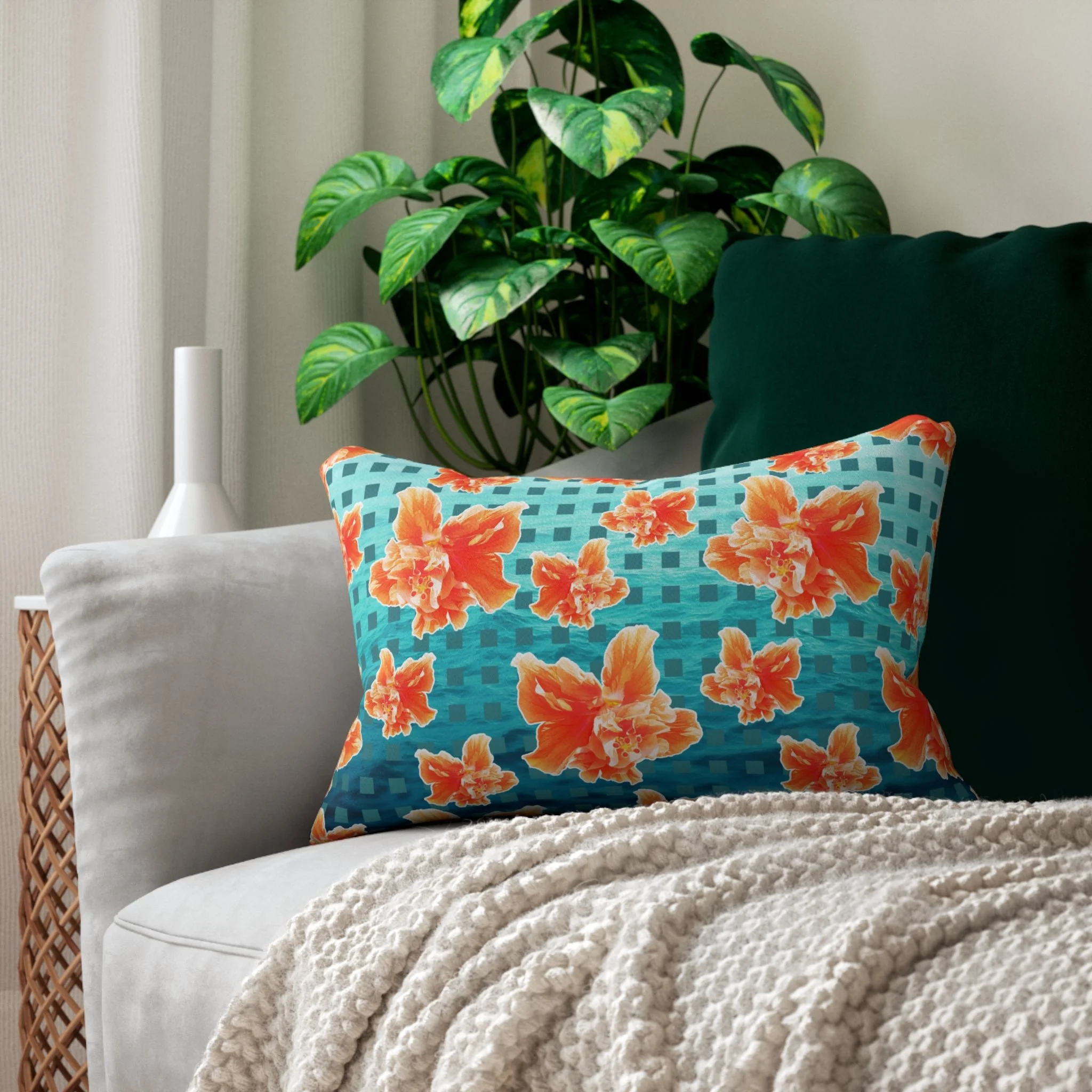 Checkered Orange Hibiscus on Turquoise Waters - Lumbar Pillow on Couch.png