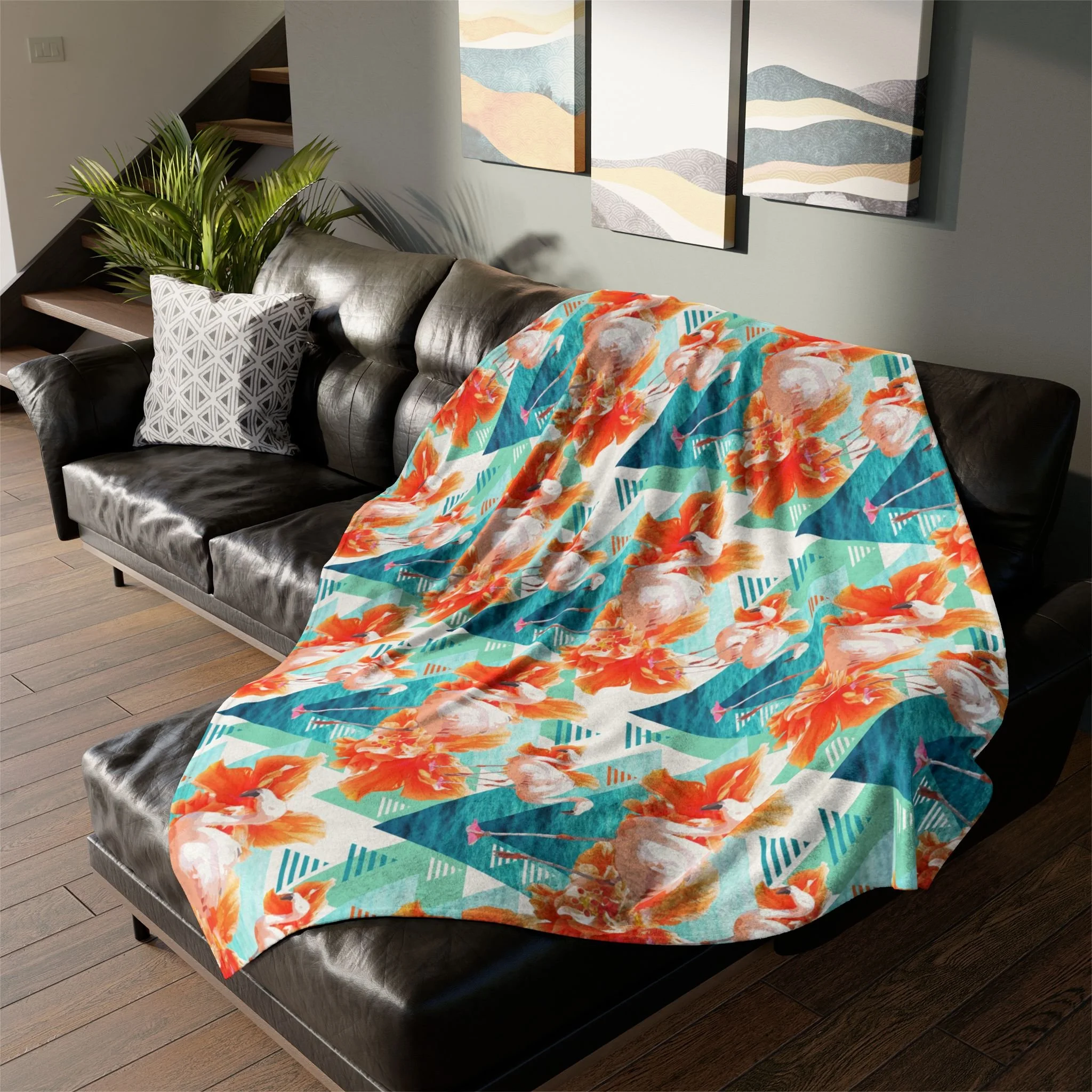 Flowers and Flamingos v7 (Light) - Fleece Blanket on L-Shaped Sectional.png