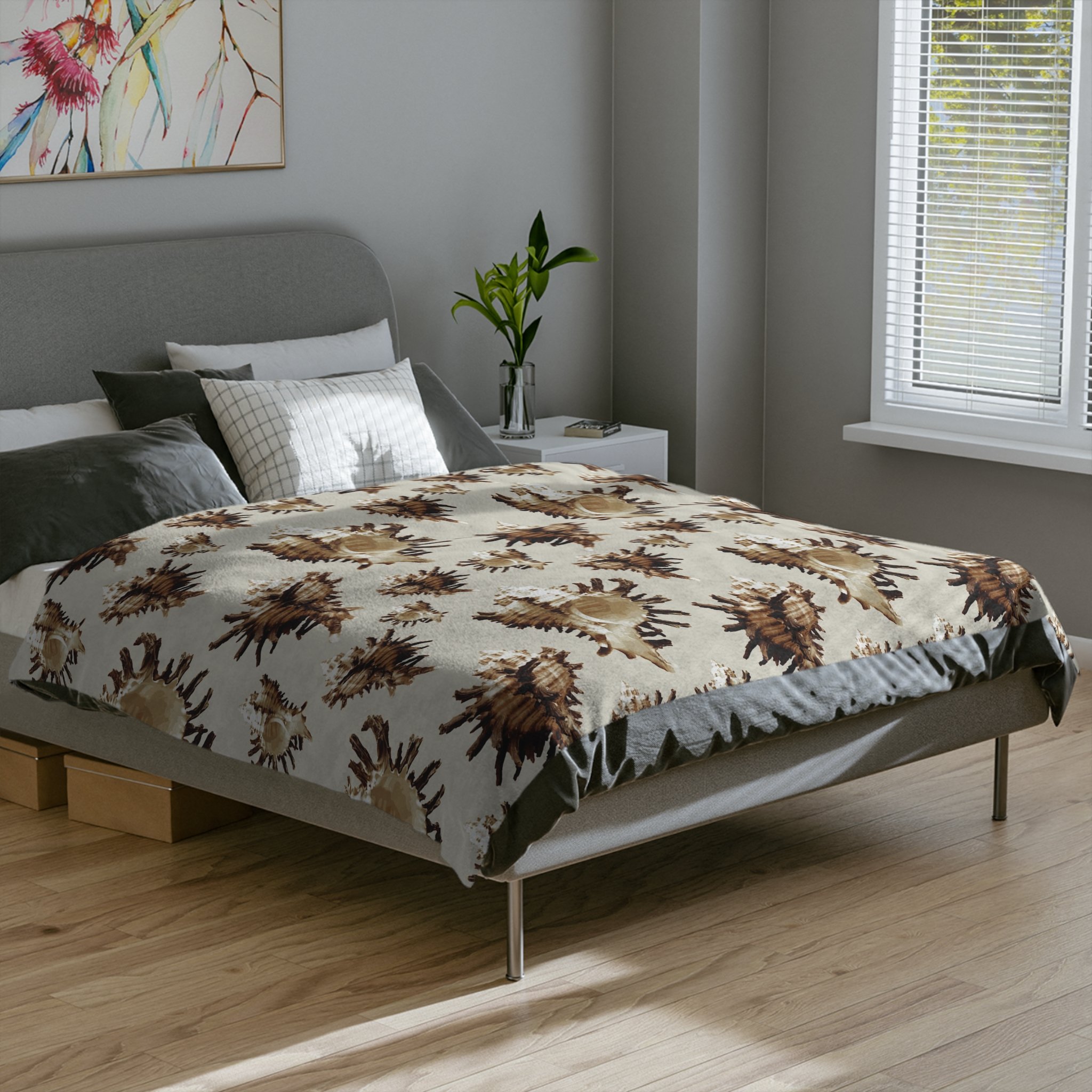 Spiky Conches (on Light Grayish Yellow) - Fleece Blanket on Bed.png