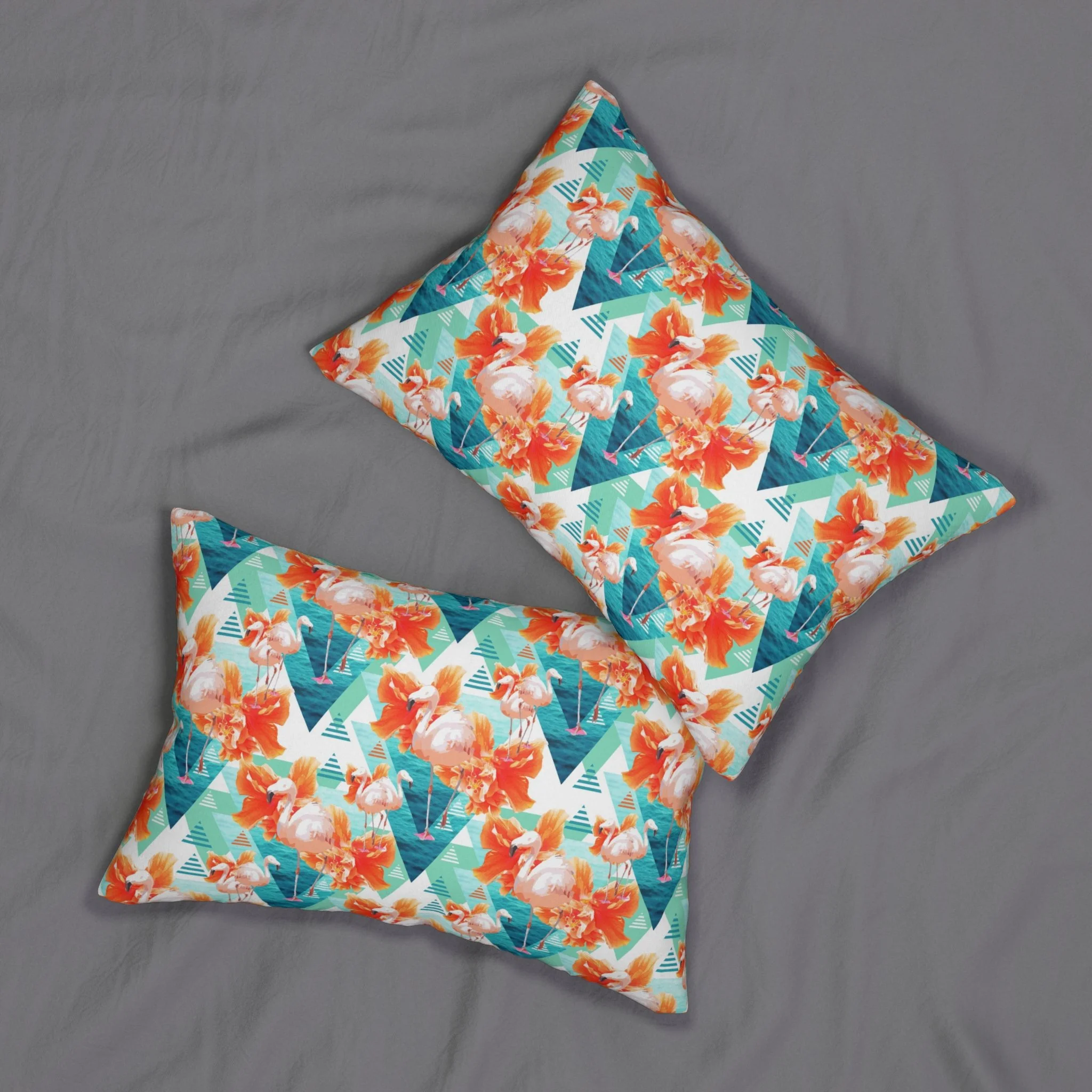 Flowers and Flamingos v7 (Light) - Lumbar Pillows on Bed.png