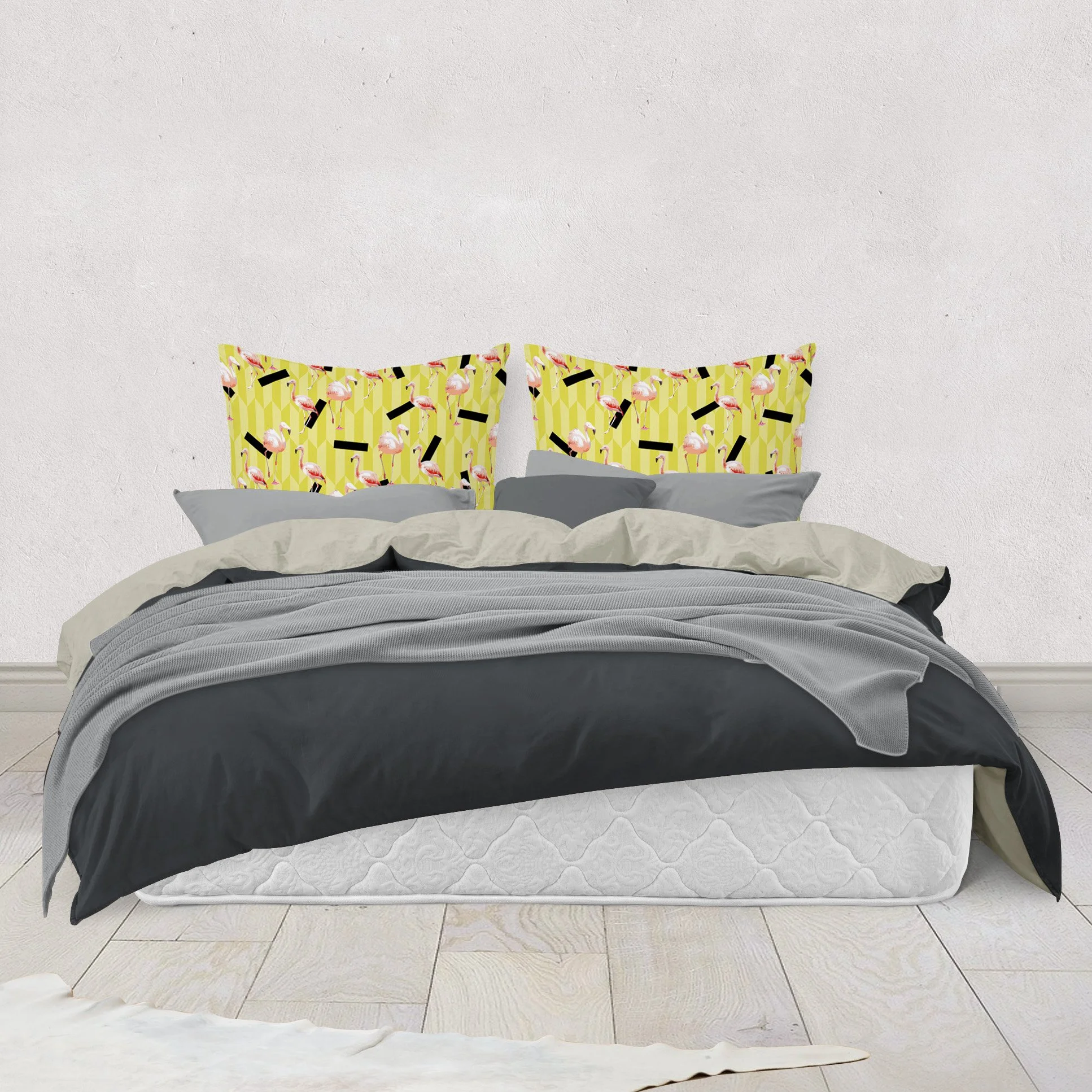 Lemon Flamingos - Pillows on Bed.jpg