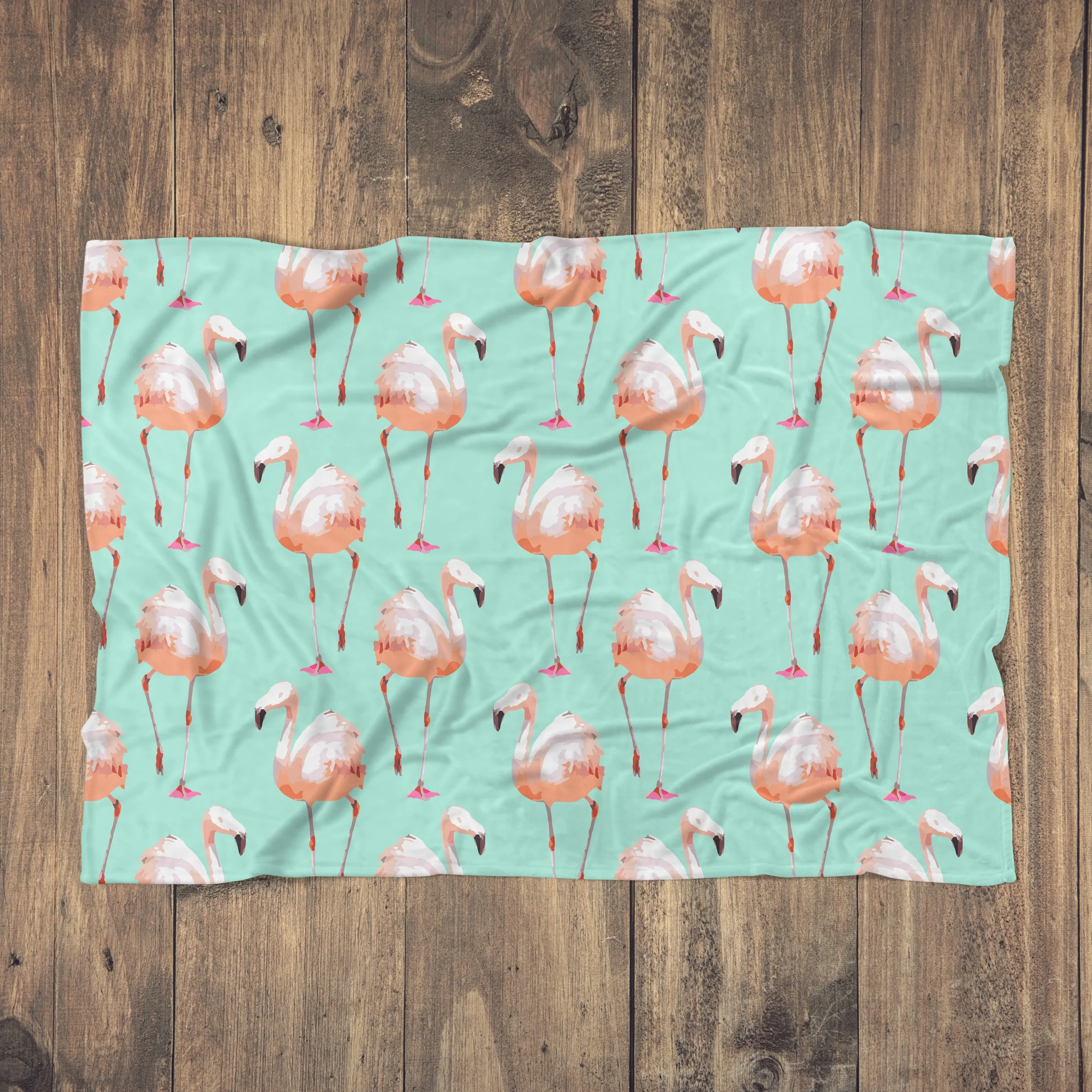 Walking Flamingos (Seafoam) - Fleece Blanket on Wood Floor.jpg