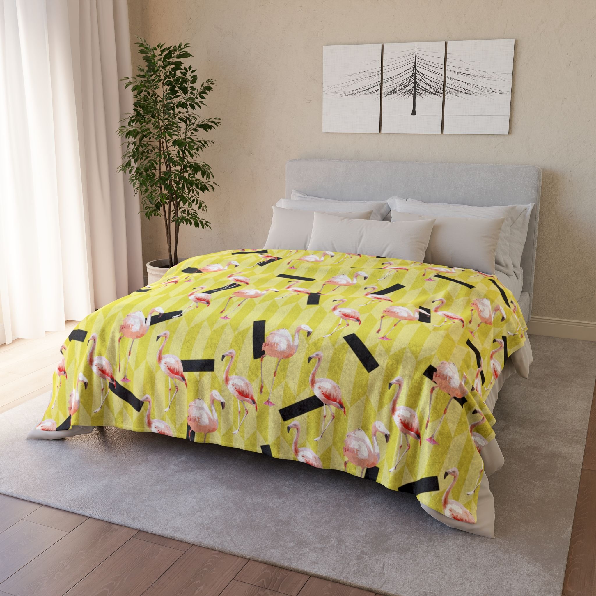 Lemon Flamingos - Fleece Blanket - On Bed 2.png