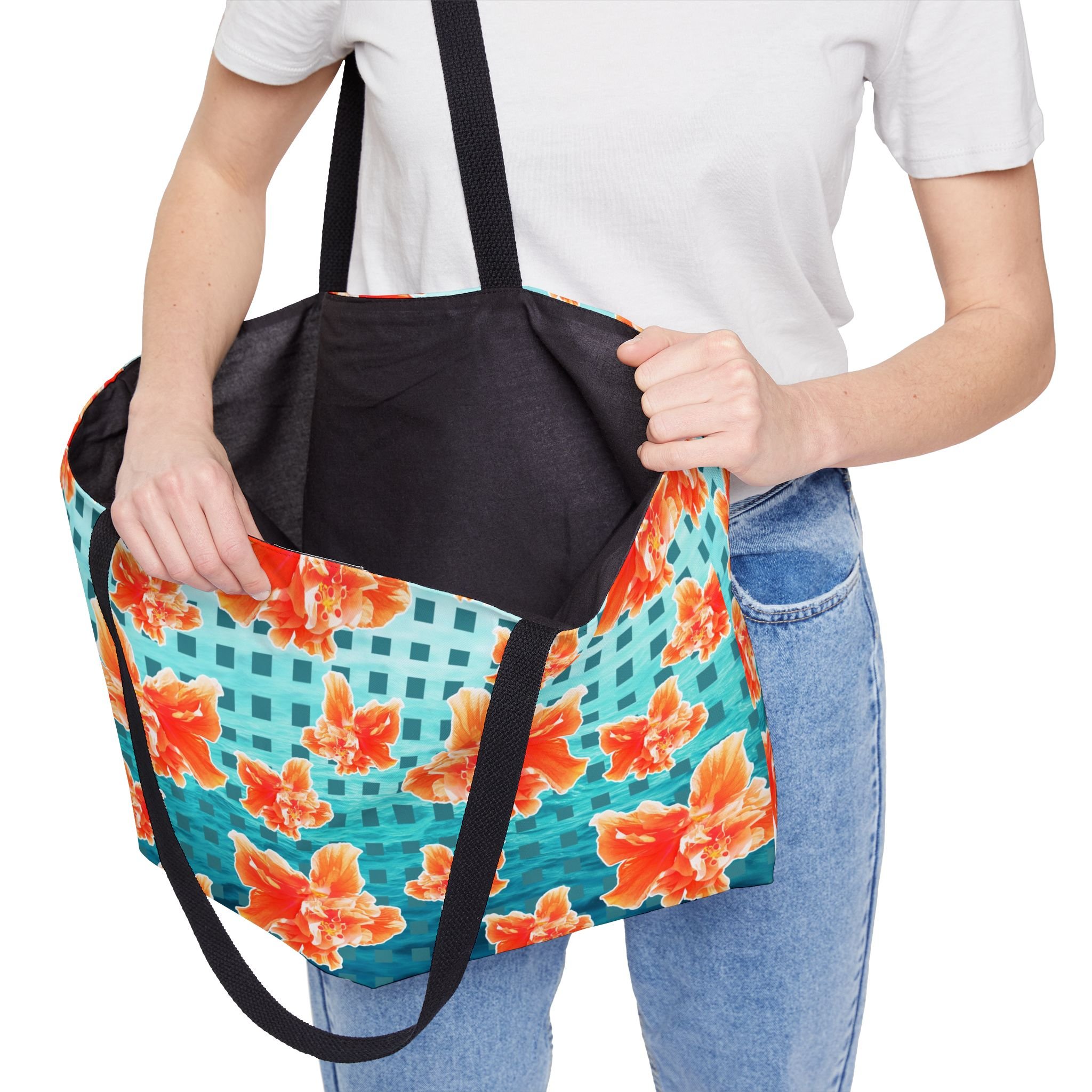 Checkered Orange Hibiscus on Turquoise Waters - Weekender Bag Context 3.png