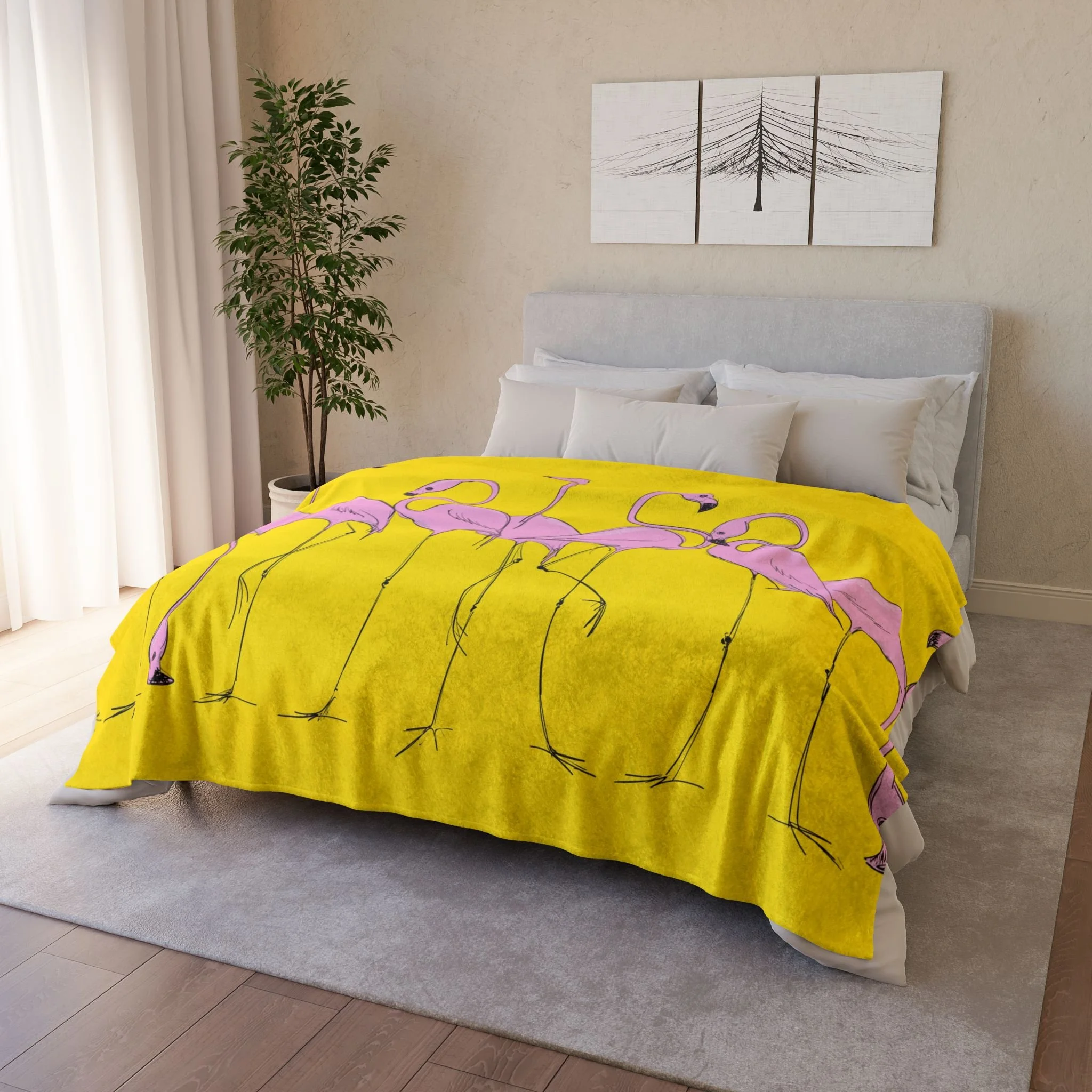 Flamingos by Elisabeth Maurland - Fleece Blanket on Bed 1.png