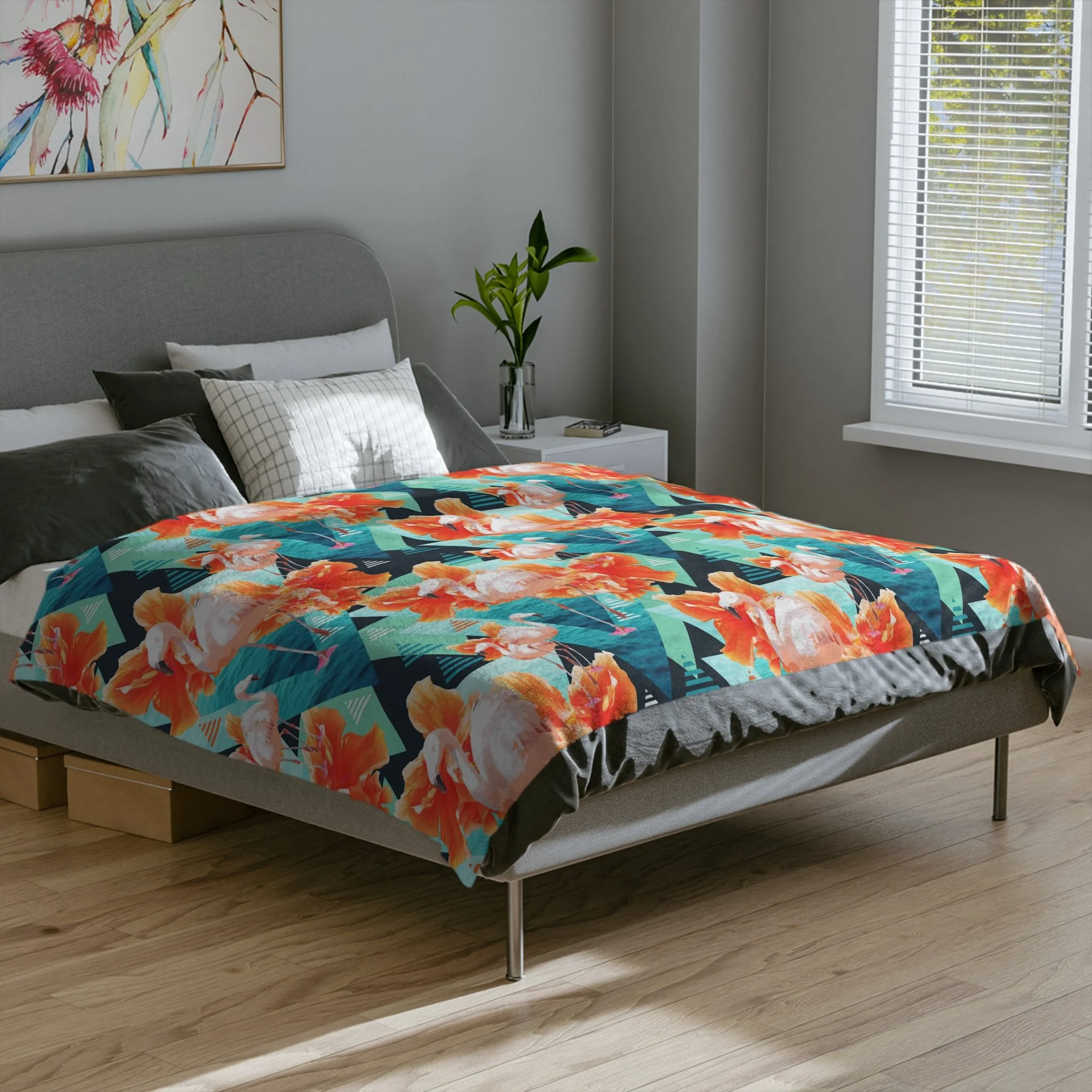 Flowers and Flamingos v7 DARK VERSION - Fleece Blanket on Bed 2.png