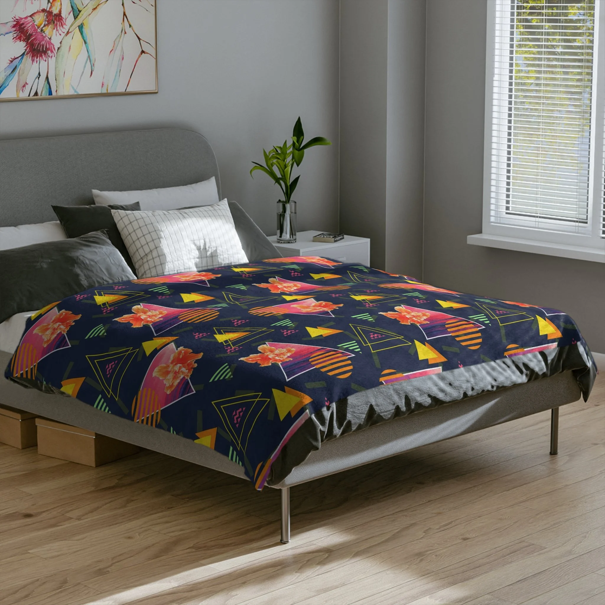 Hibiscus Sunrise - Fleece Blanket - On Bed.png