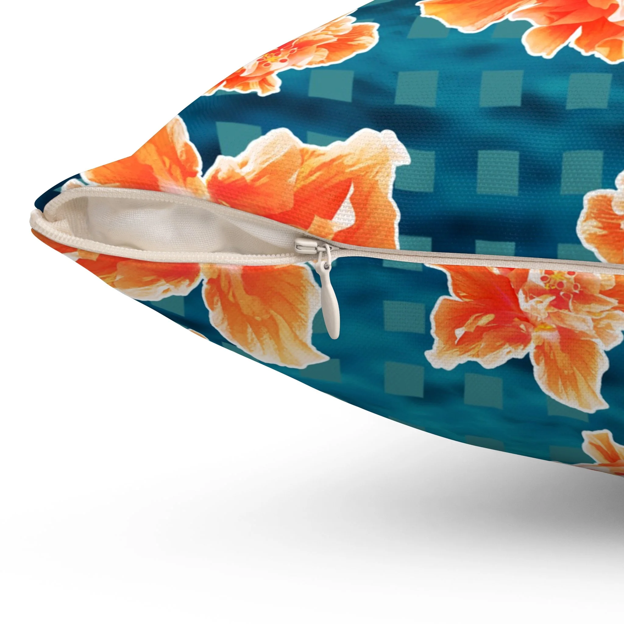 Checkered Orange Hibiscus on Turquoise Waters - Throw Pillow Side.png