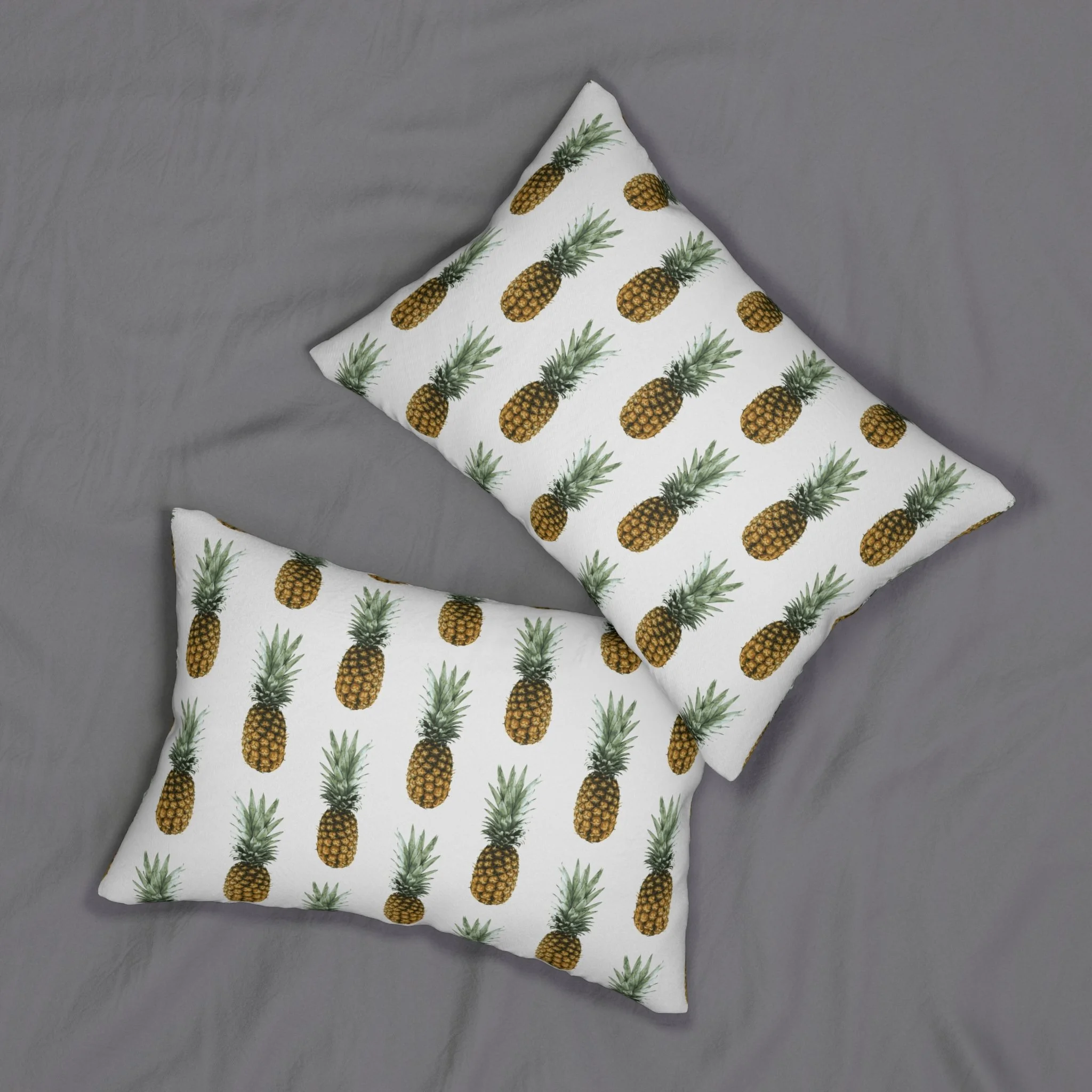 Pineapples (on White Smoke) - Lumbar Pillows on Bed.png