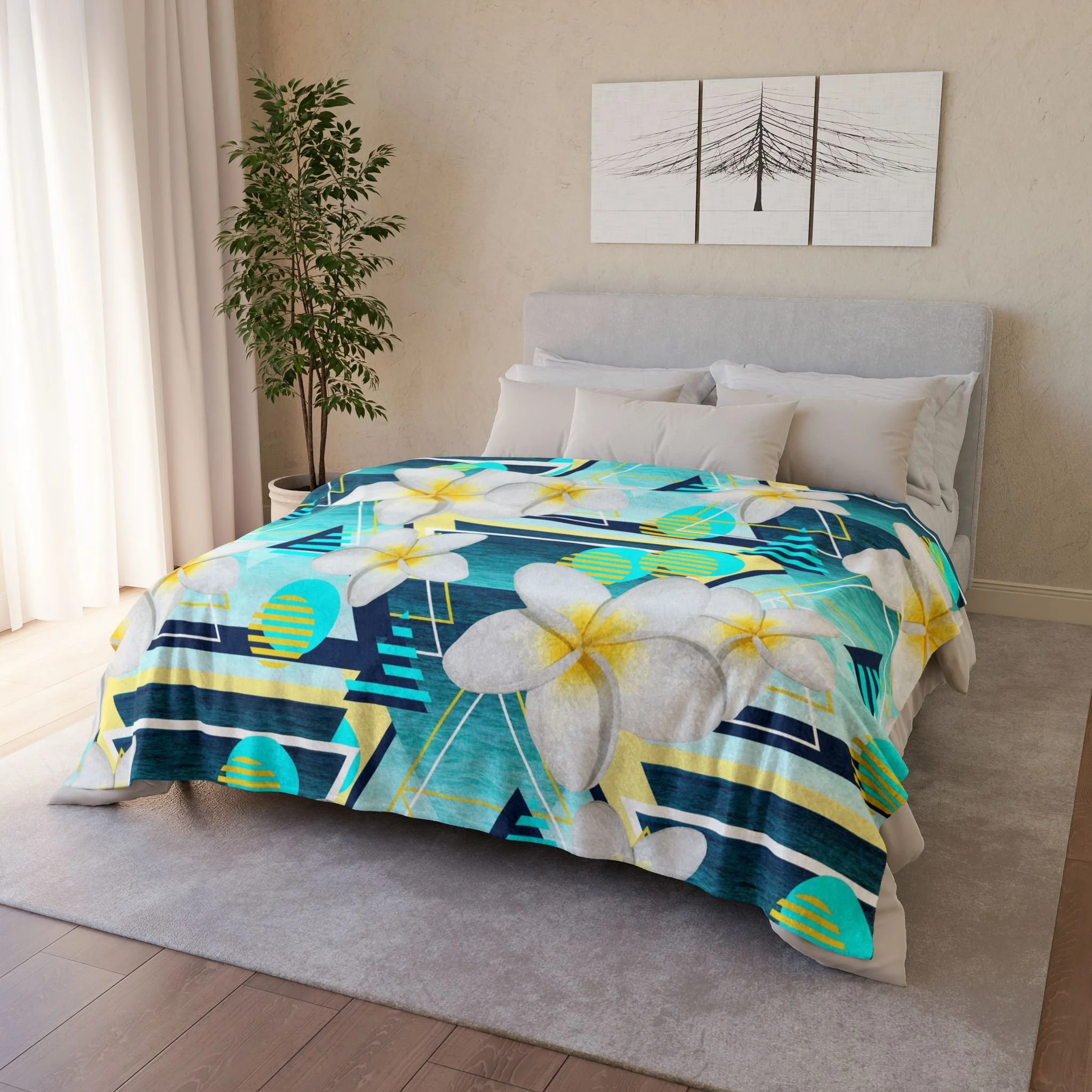 Beach White Plumeria Flowers - Fleece Blanket on Bed 2.png