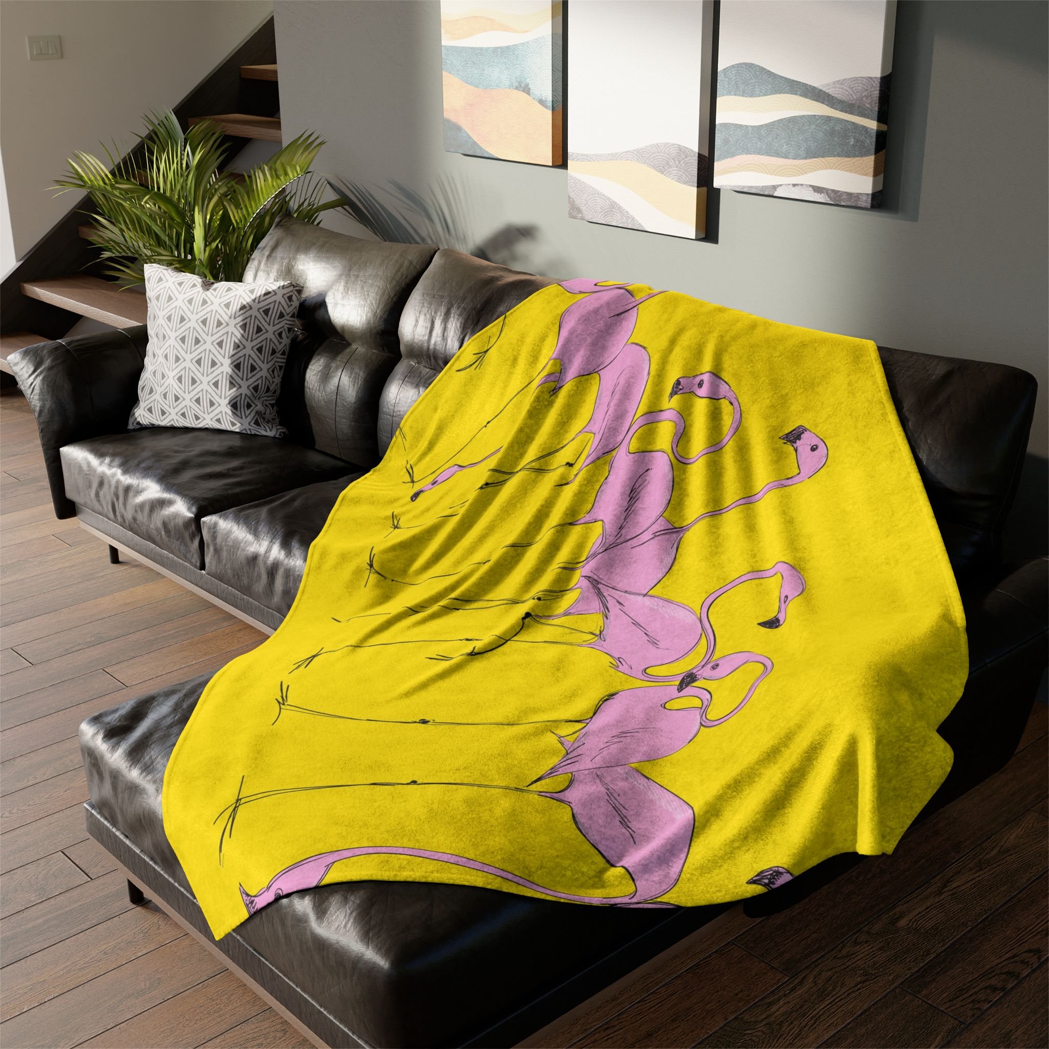 Flamingos by Elisabeth Maurland - Fleece Blanket on Couch 1.png