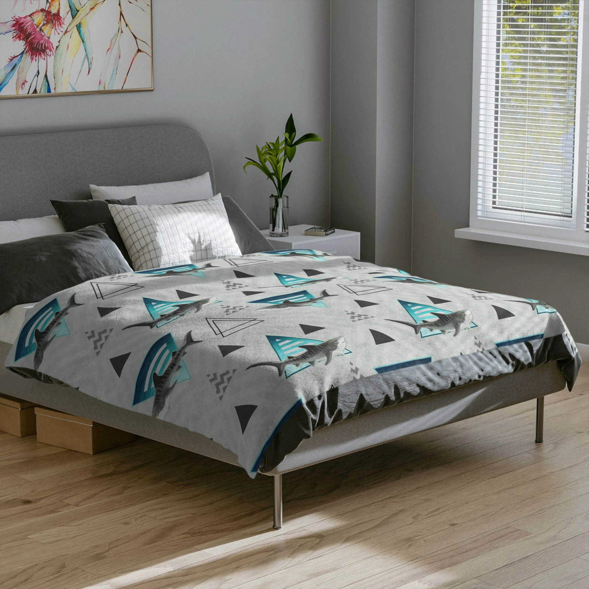 Grand Cayman Tiger Sharks - Fleece Blanket - On Bed.png