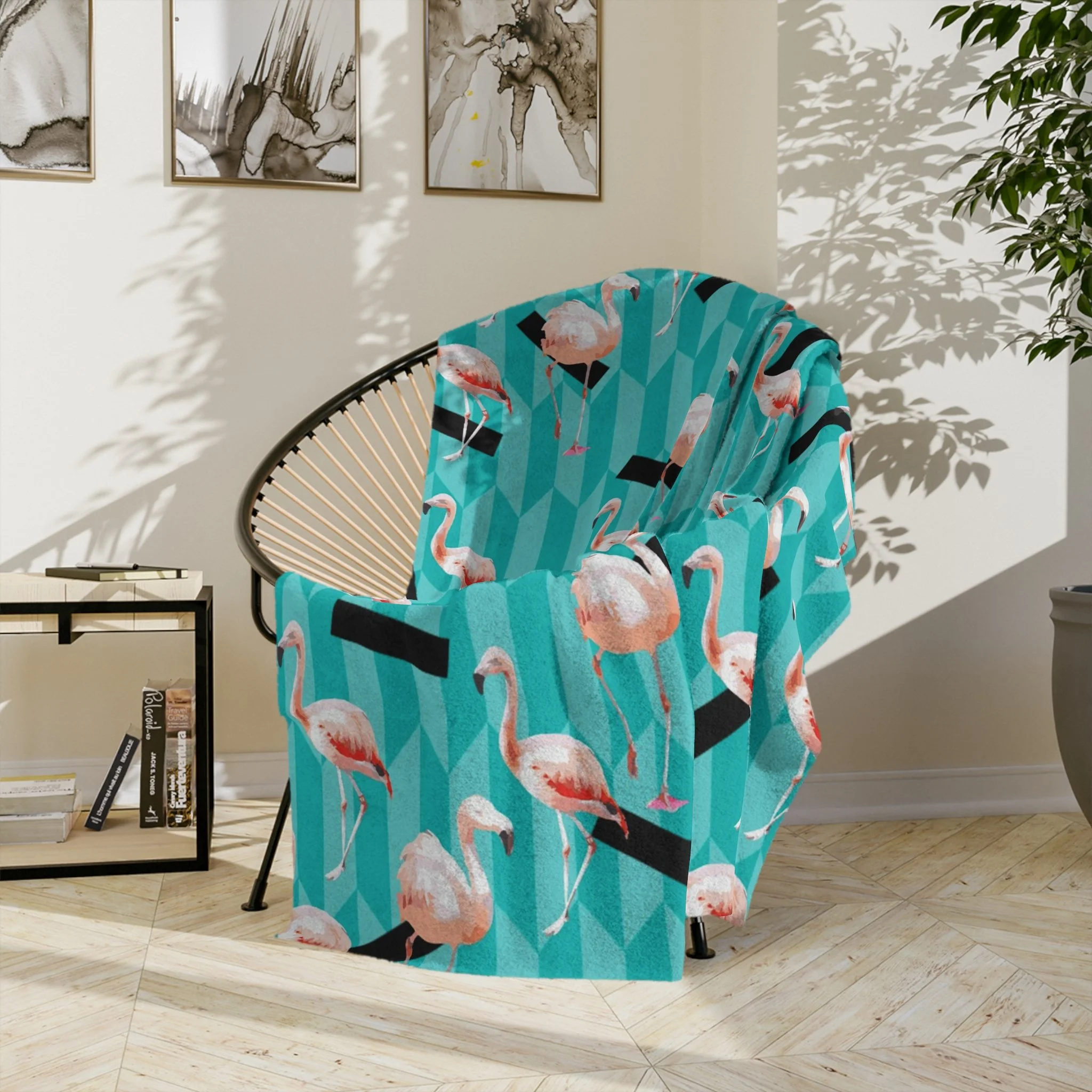 Taffy Flamingos - Fleece Blanket - On Wicker Basket Chair.png