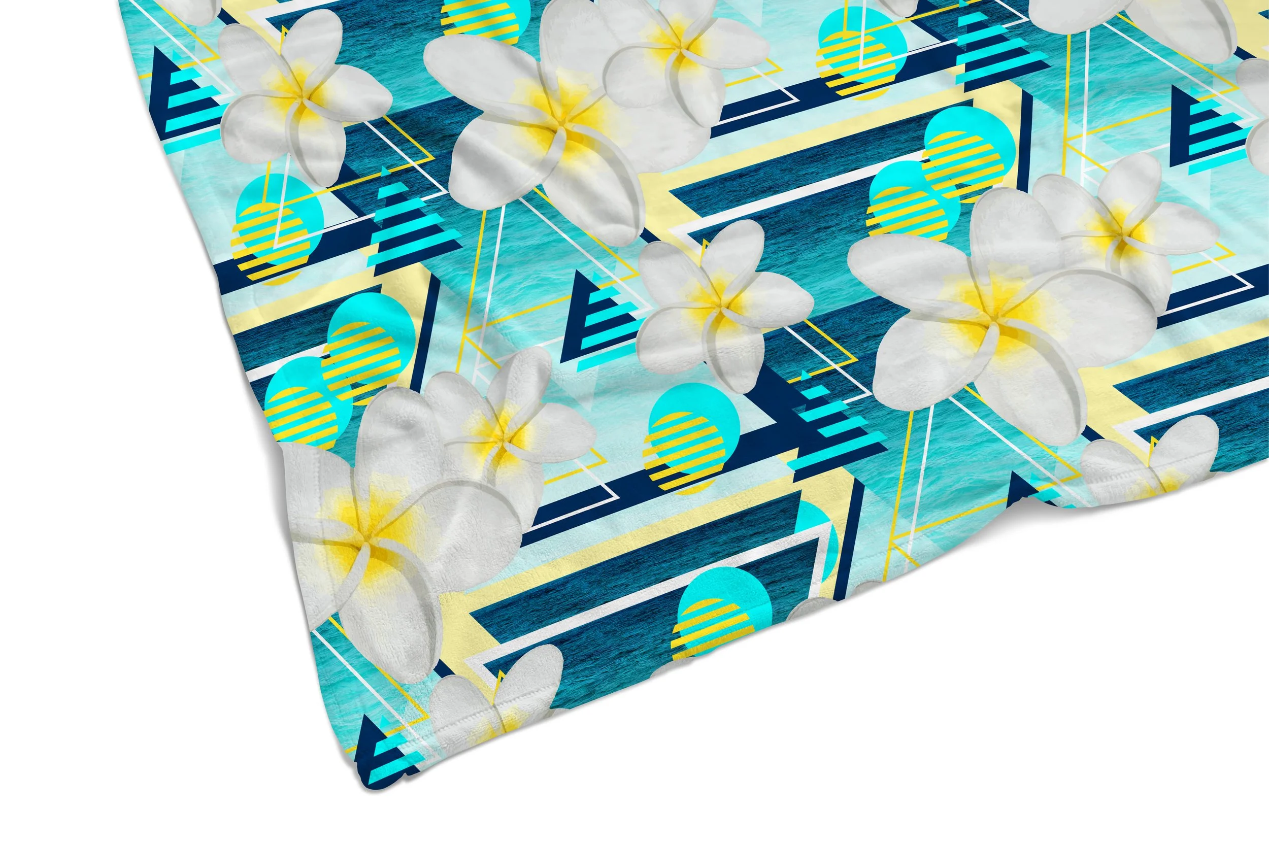 Beach White Plumeria Flowers - Fleece Blanket Corner Close-Up.jpg