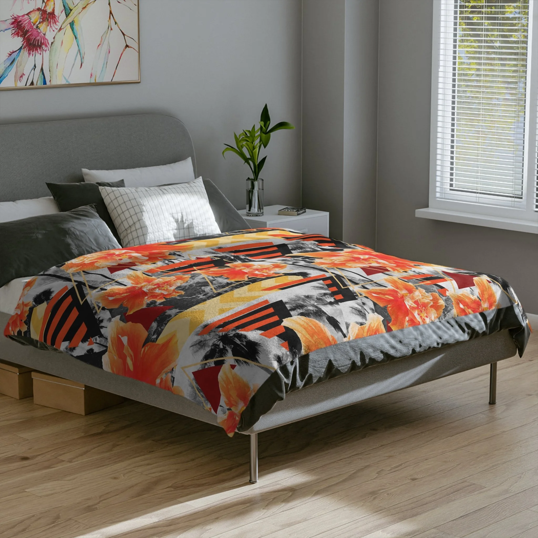 Wild Orange Hibiscus - Fleece Blanket - On Bed.png
