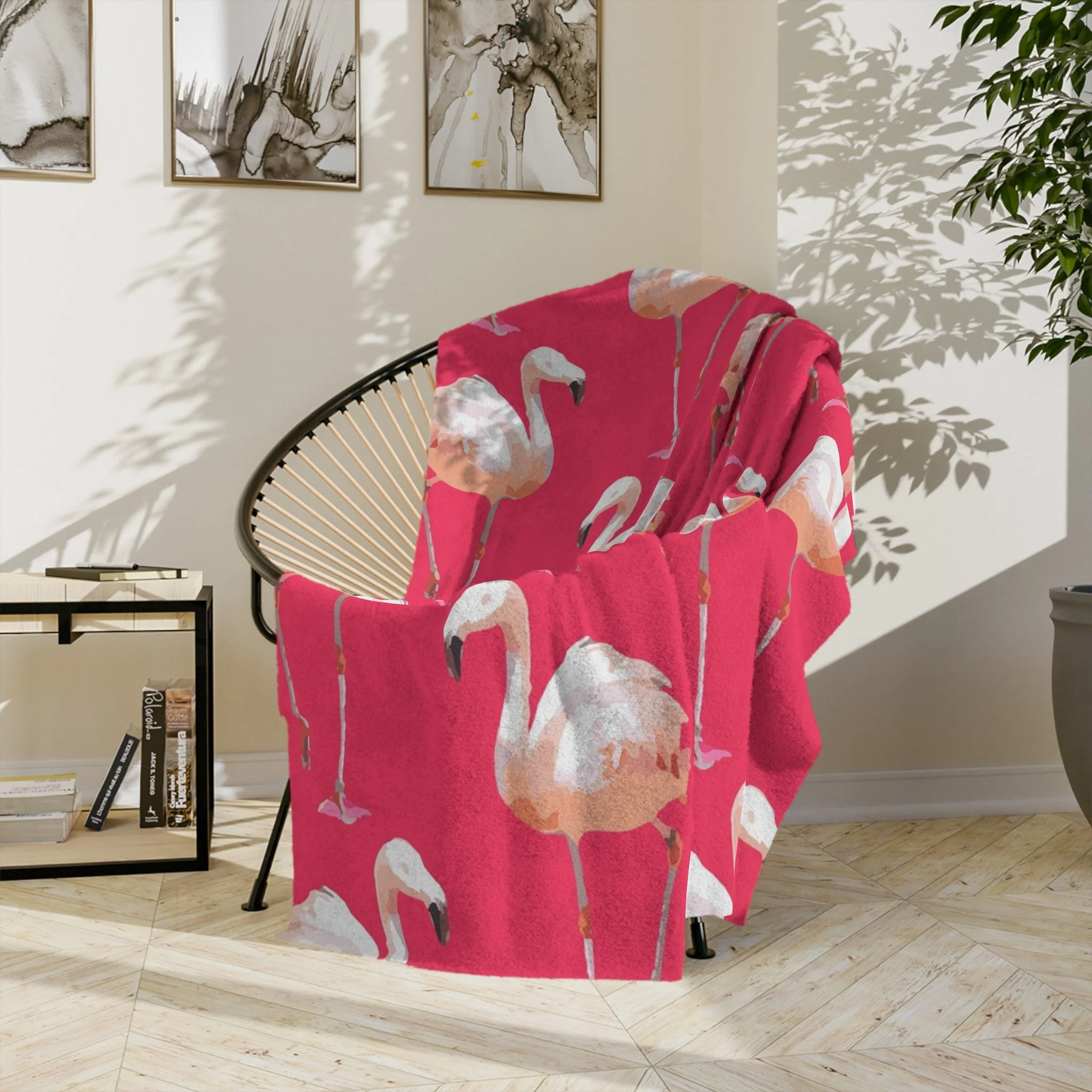 Walking Flamingos (Rose) - Fleece Blanket - On Wicker Basket Chair.png