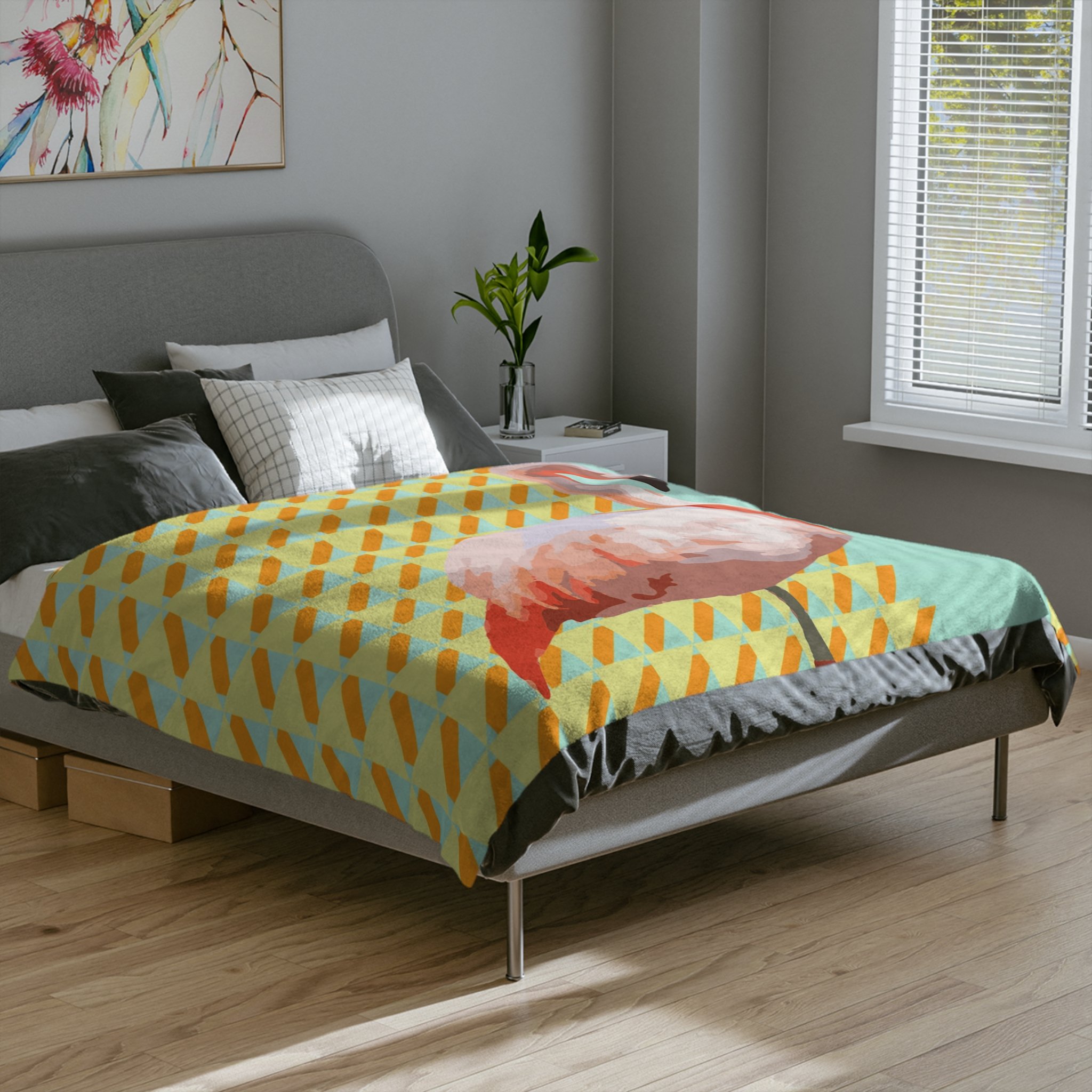 Breeze Flamingo - Fleece Blanket on Bed.png