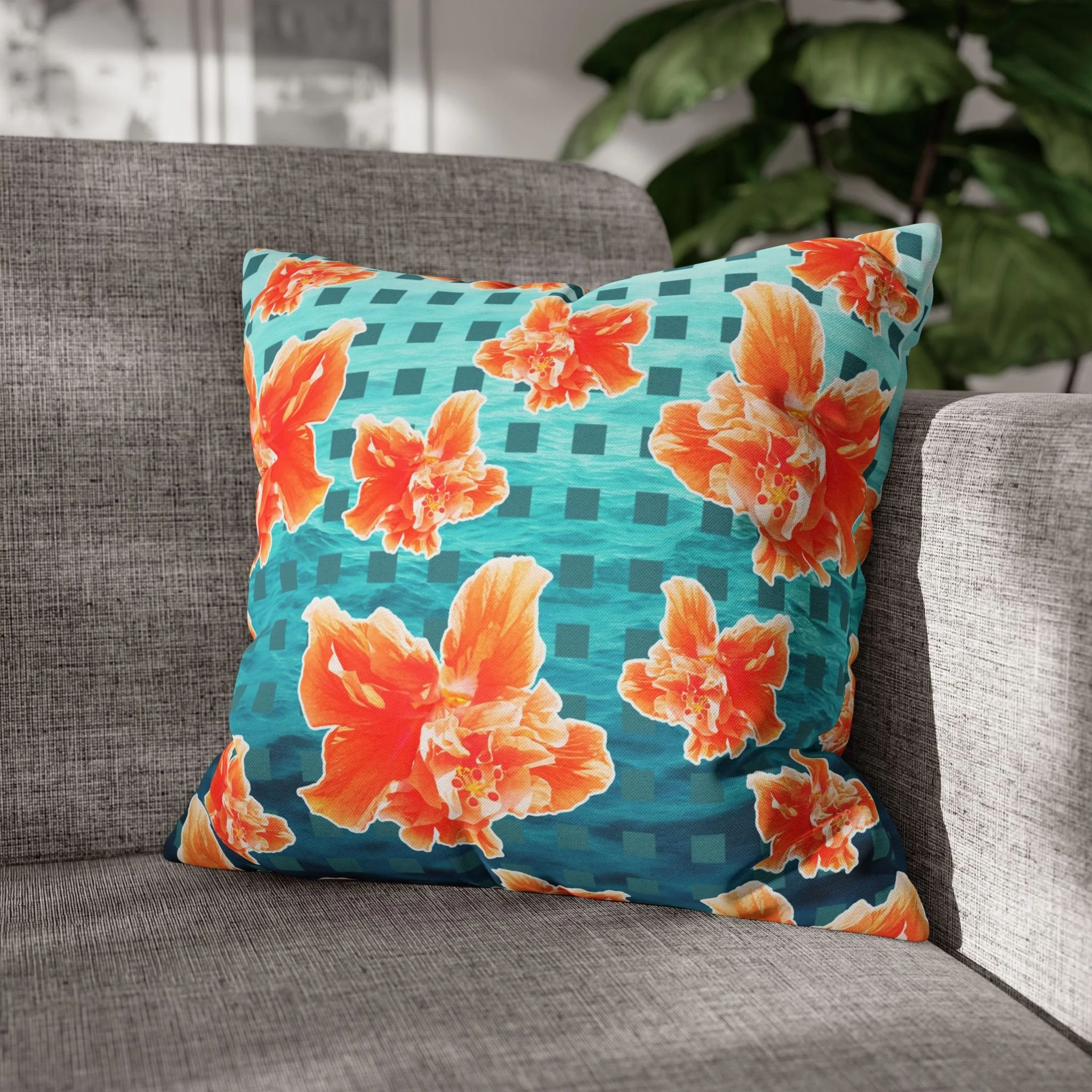 Checkered Orange Hibiscus on Turquoise Waters - Throw Pillow on Couch.png