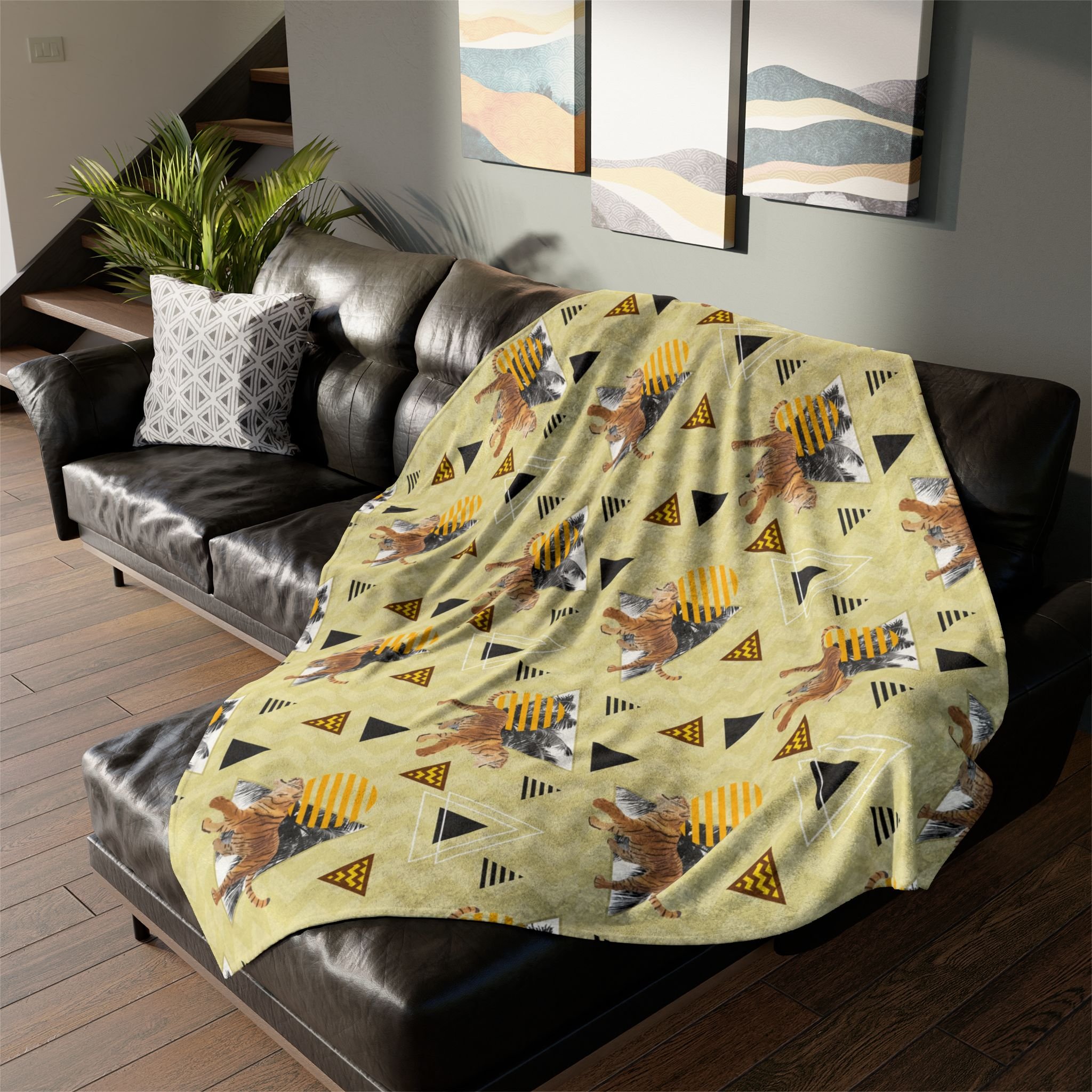 Bayside Tigers and Triangles - Fleece Blanket on L-Shaped Sectional.png