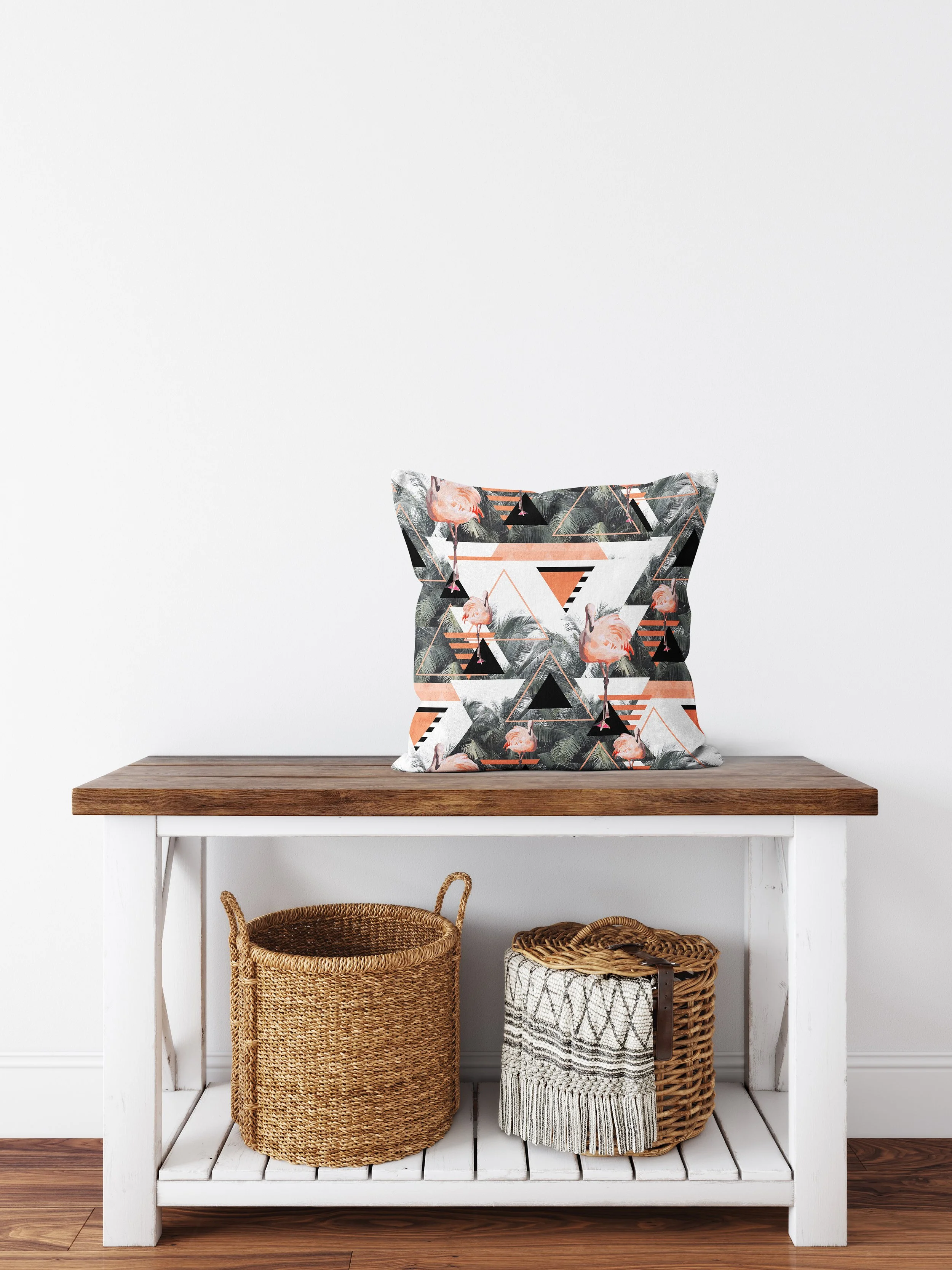 Black Beach Flamingos - Throw Pillow (Moved Slightly Right) on Wood Entryway Bench.jpg