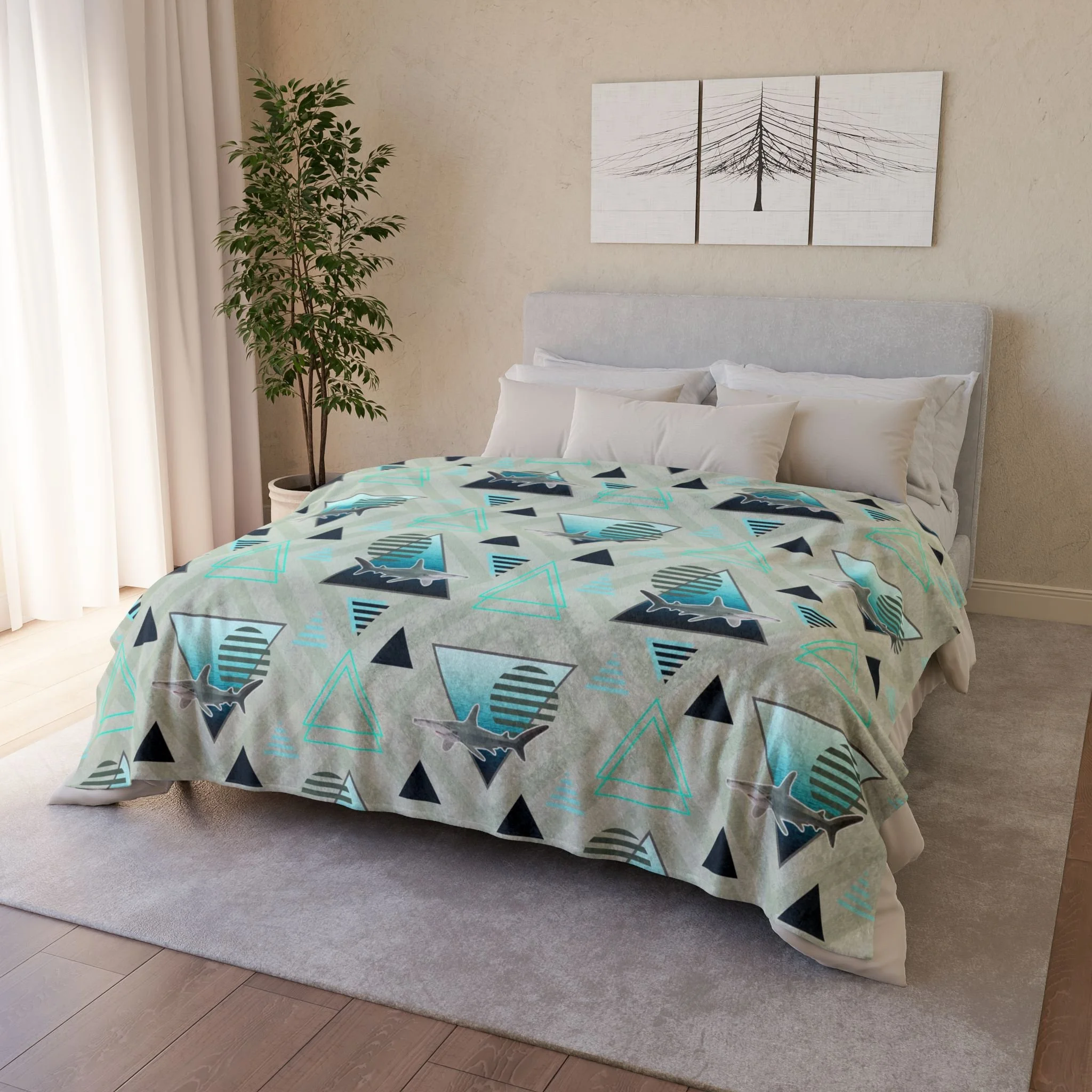 Aquamarine Hammerheads - Fleece Blanket - On Bed 2.png