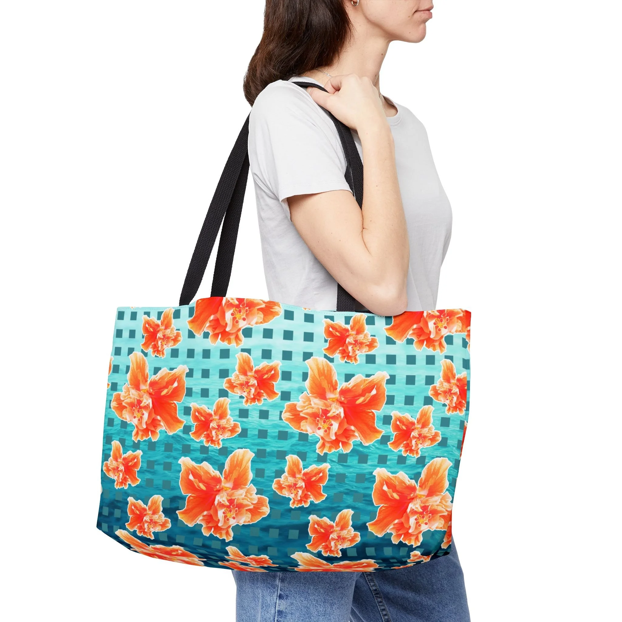 Checkered Orange Hibiscus on Turquoise Waters - Weekender Bag Context 2.png
