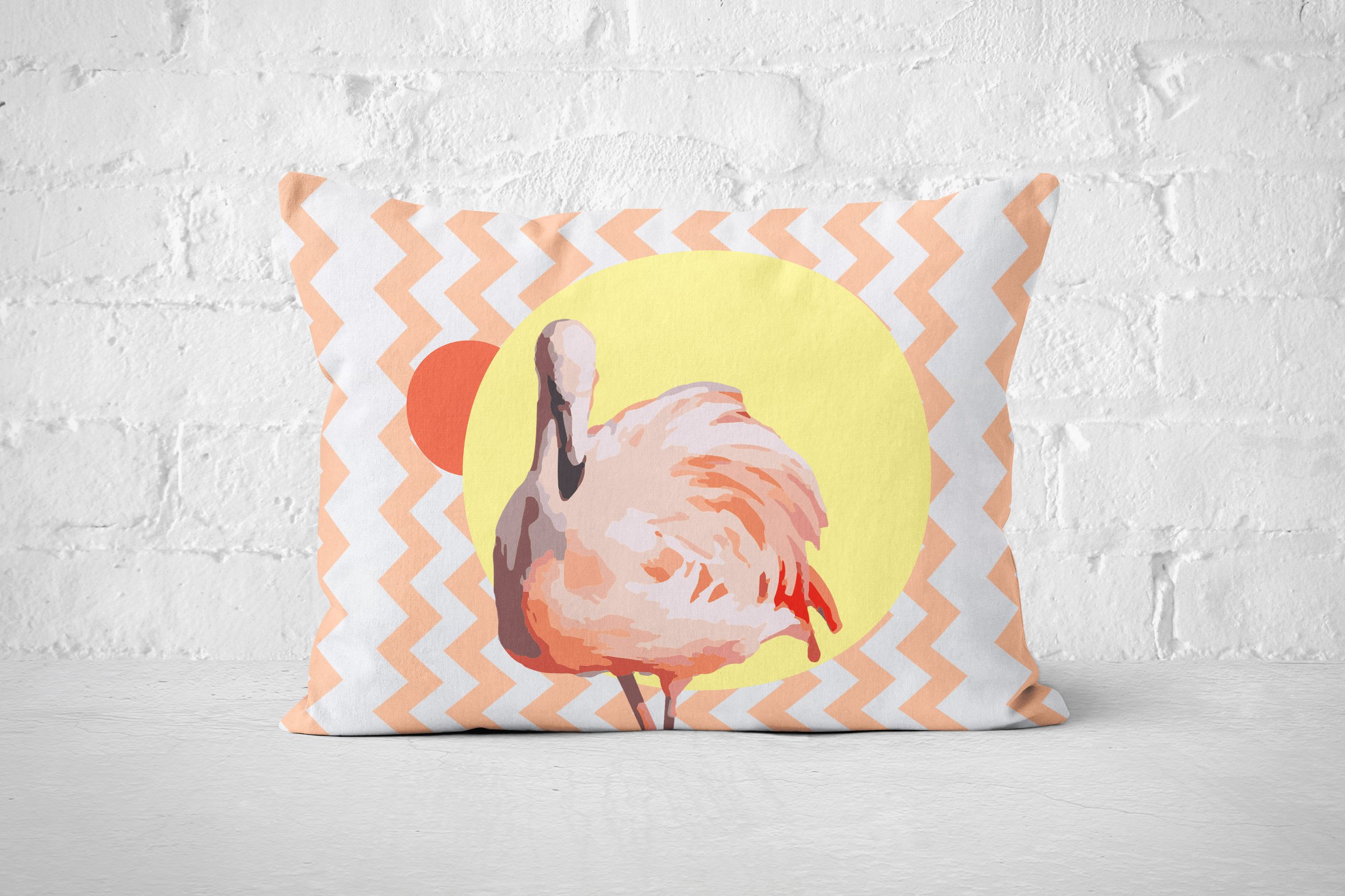Zig Zag Flamingo - 20x14 Pillow on Floor (Brick Wall Background).jpg