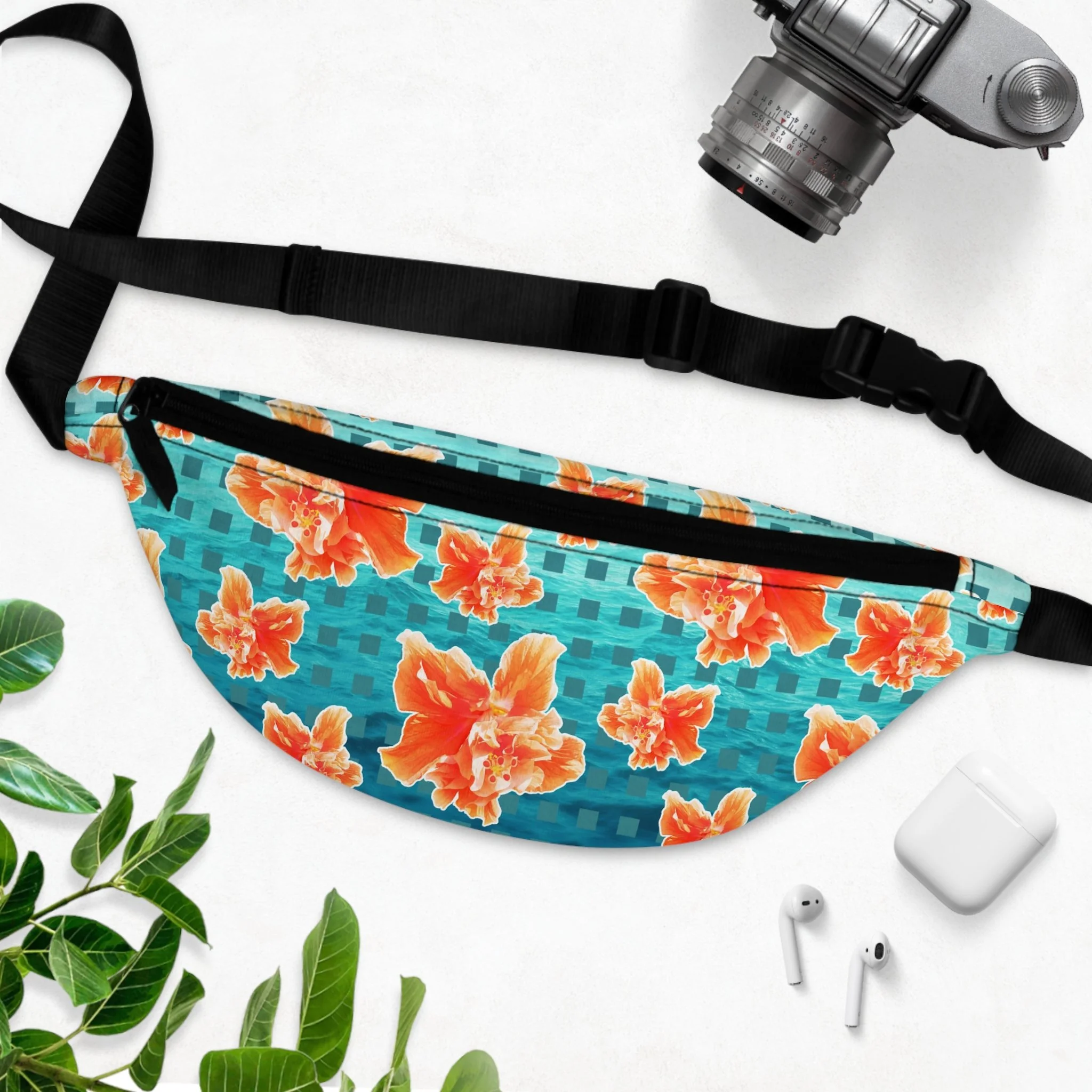 Checkered Orange Hibiscus on Turquoise Waters - Fanny Pack Flat Lay.png