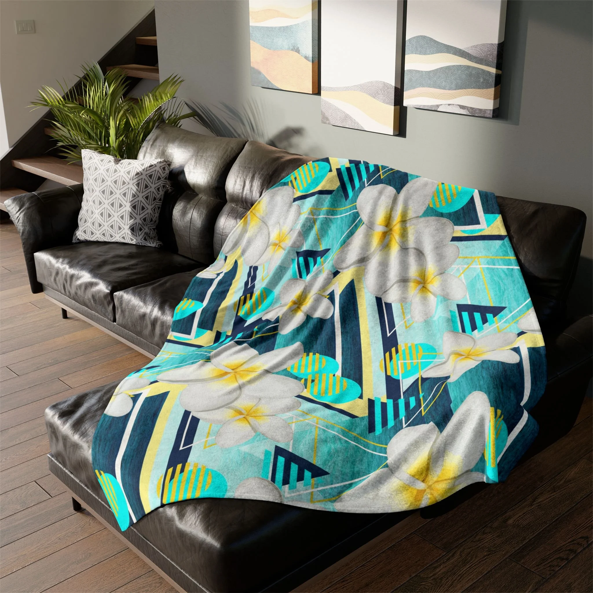 Beach White Plumeria Flowers - Fleece Blanket on L-Shaped Sectional.png