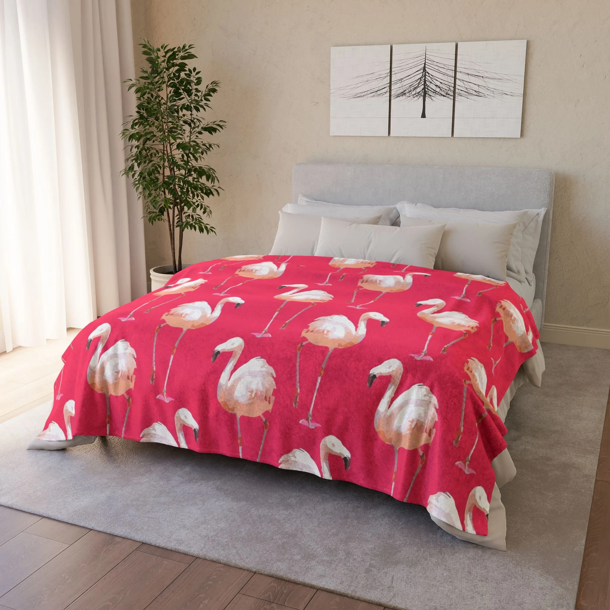 Walking Flamingos (Rose) - Fleece Blanket on Bed 2.png