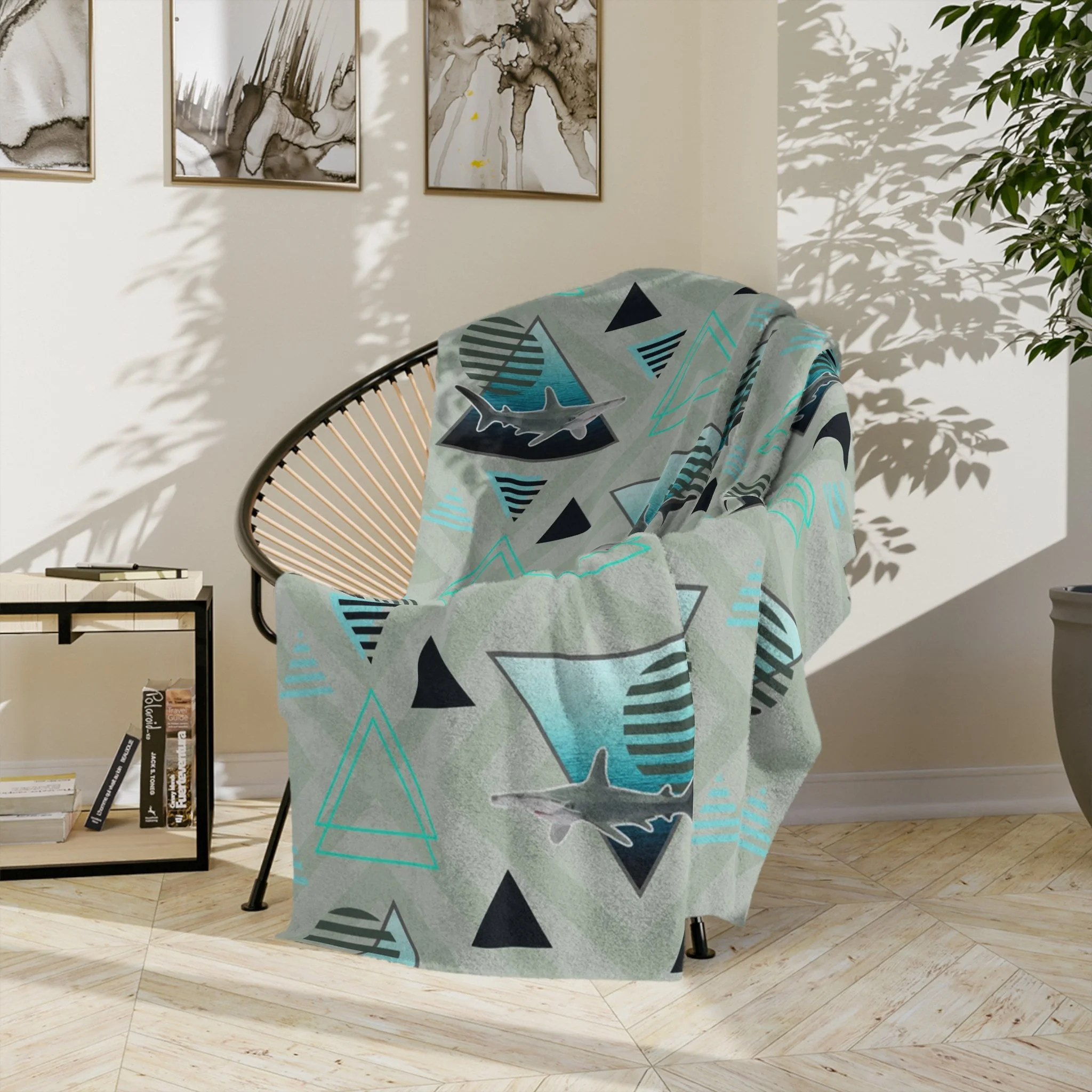 Aquamarine Hammerheads - Fleece Blanket - On Wicker Basket Chair.png