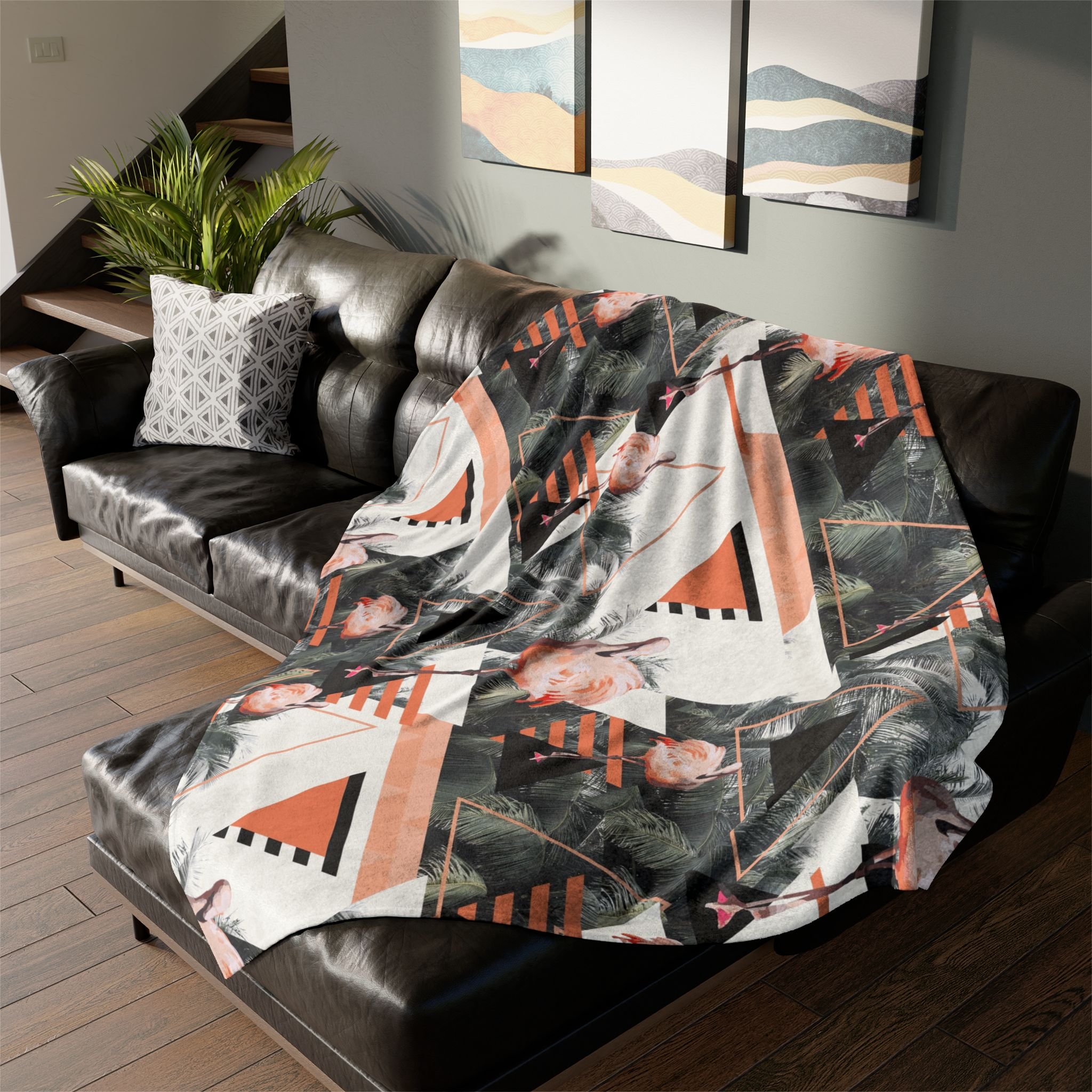 Black Beach Flamingos - Fleece Blanket on L-Shaped Sectional.png