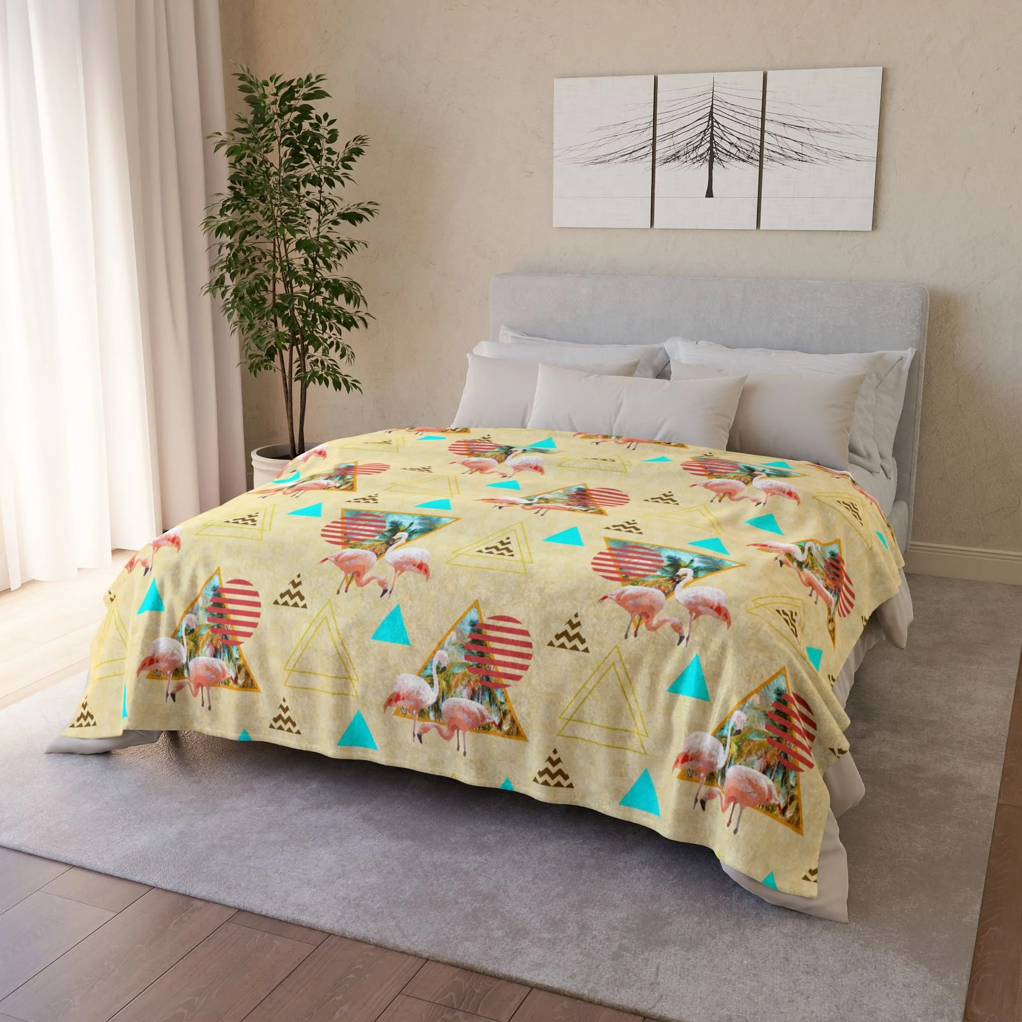 Loving Flamingos - Fleece Blanket - On Bed 2.png