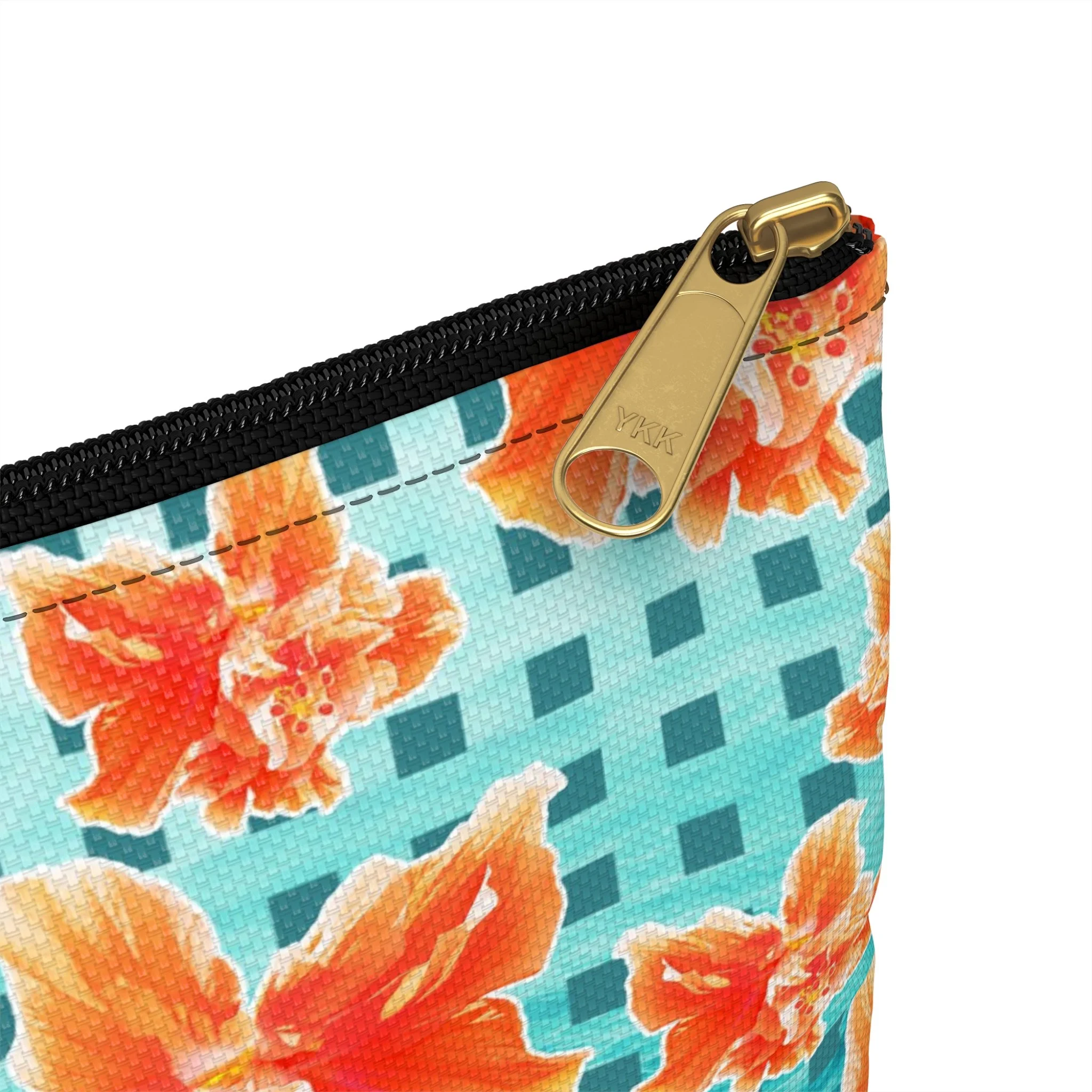 Checkered Orange Hibiscus on Turquoise Waters - Accessory Pouch (Small) Close-Up.png