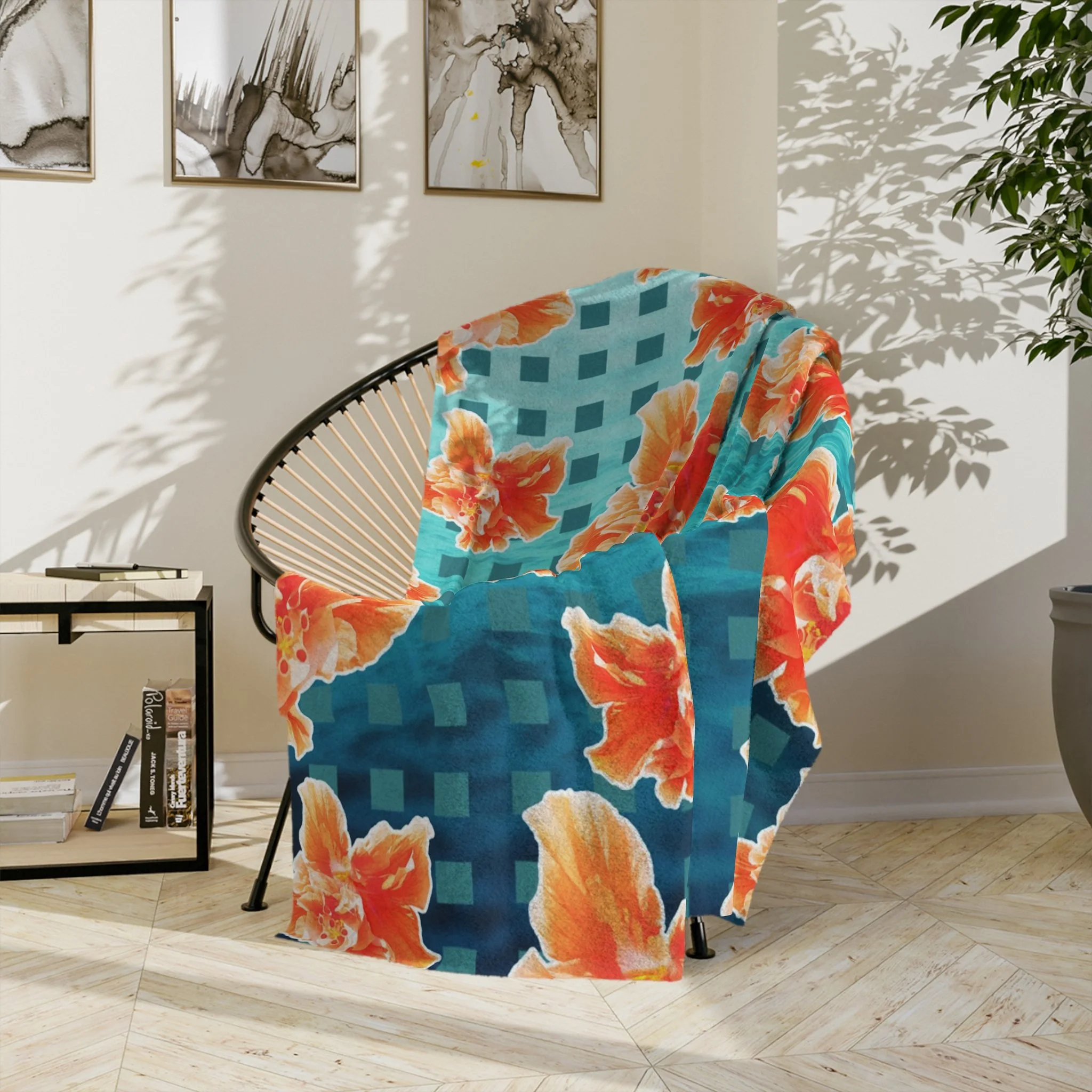 Checkered Orange Hibiscus on Turquoise Waters - Fleece Blanket - On Wicker Basket Chair.png