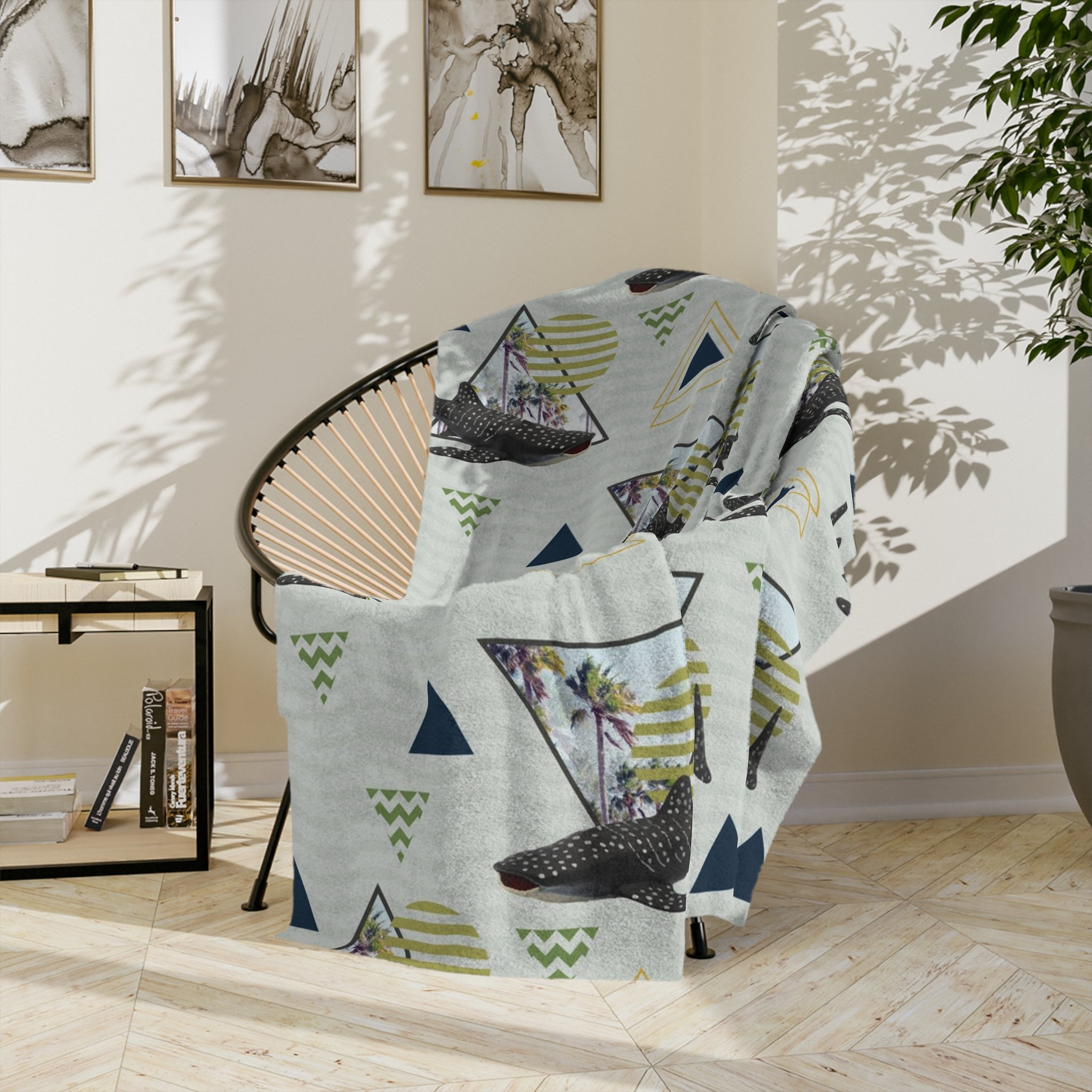 Florida Palms and Whale Sharks - Fleece Blanket - On Wicker Basket Chair.png