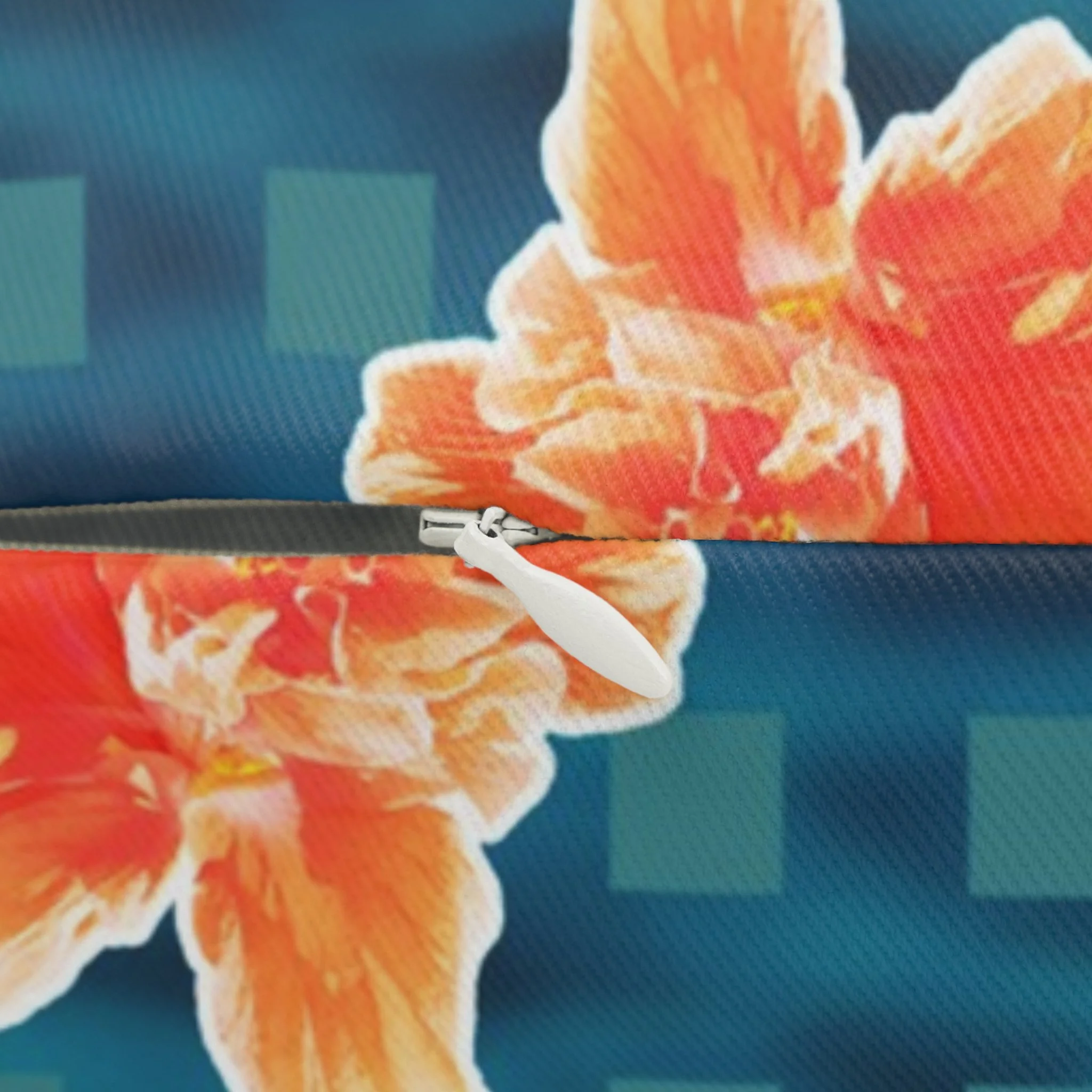 Checkered Orange Hibiscus on Turquoise Waters - Lumbar Pillow Close-Up.png