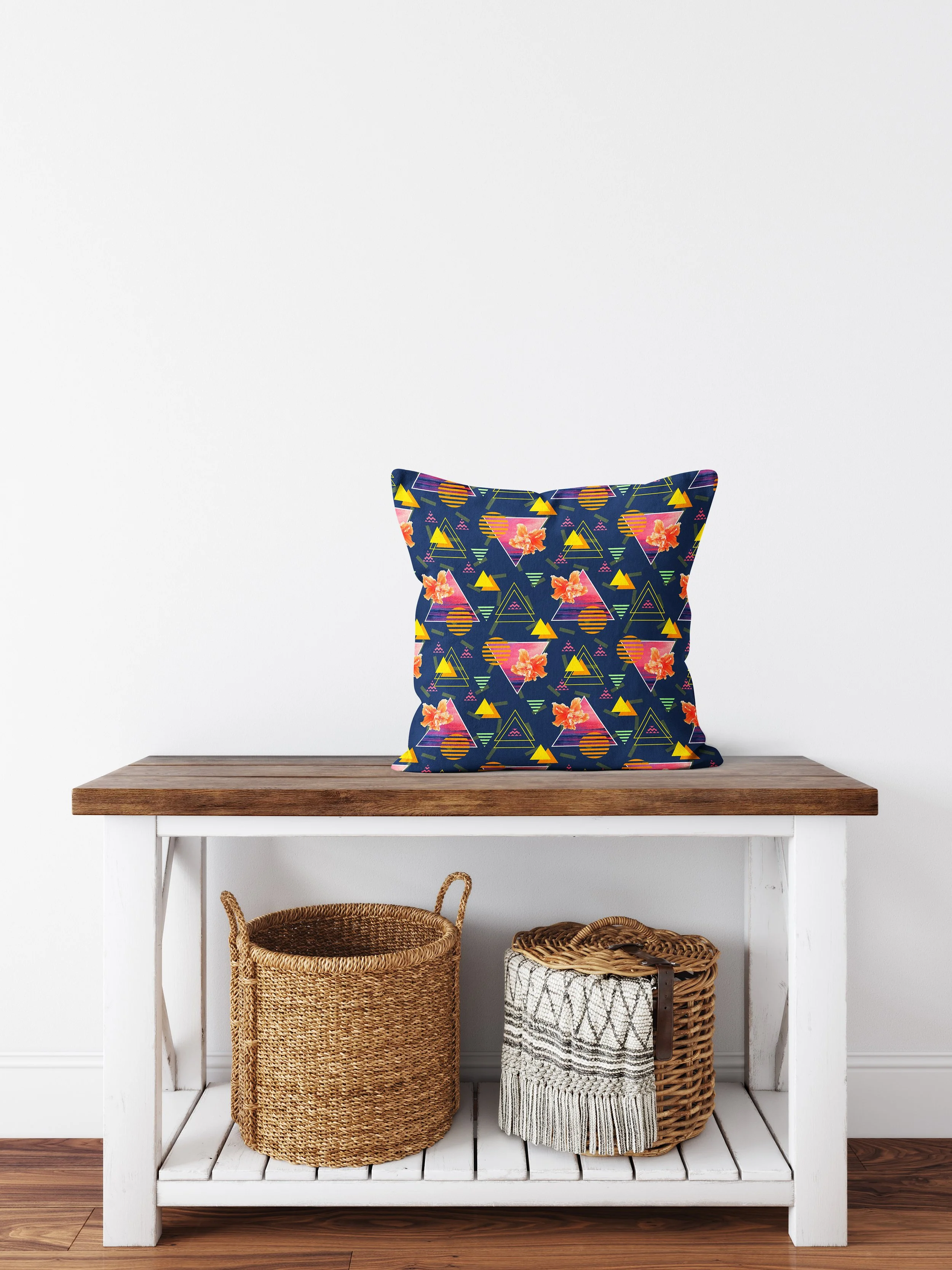 Hibiscus Sunrise - Throw Pillow on Wood Entryway Bench.jpg