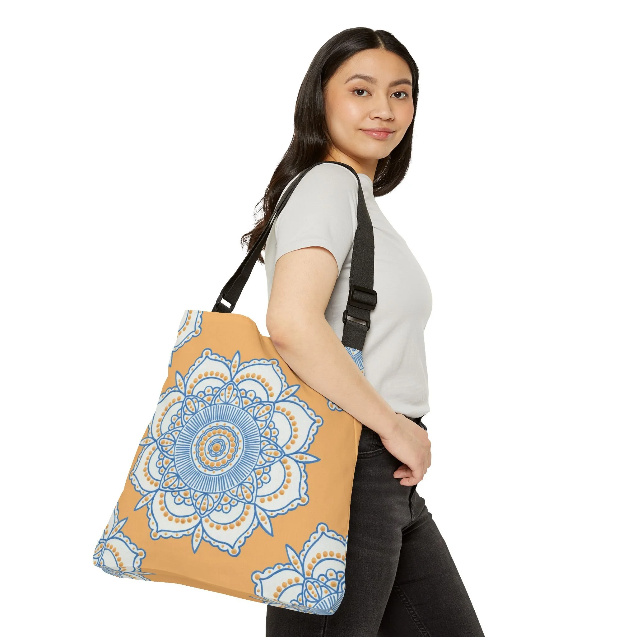 Peach Mandala by Erin Witters - 18x18 Adjustable Strap Tote Bag Person 1.png