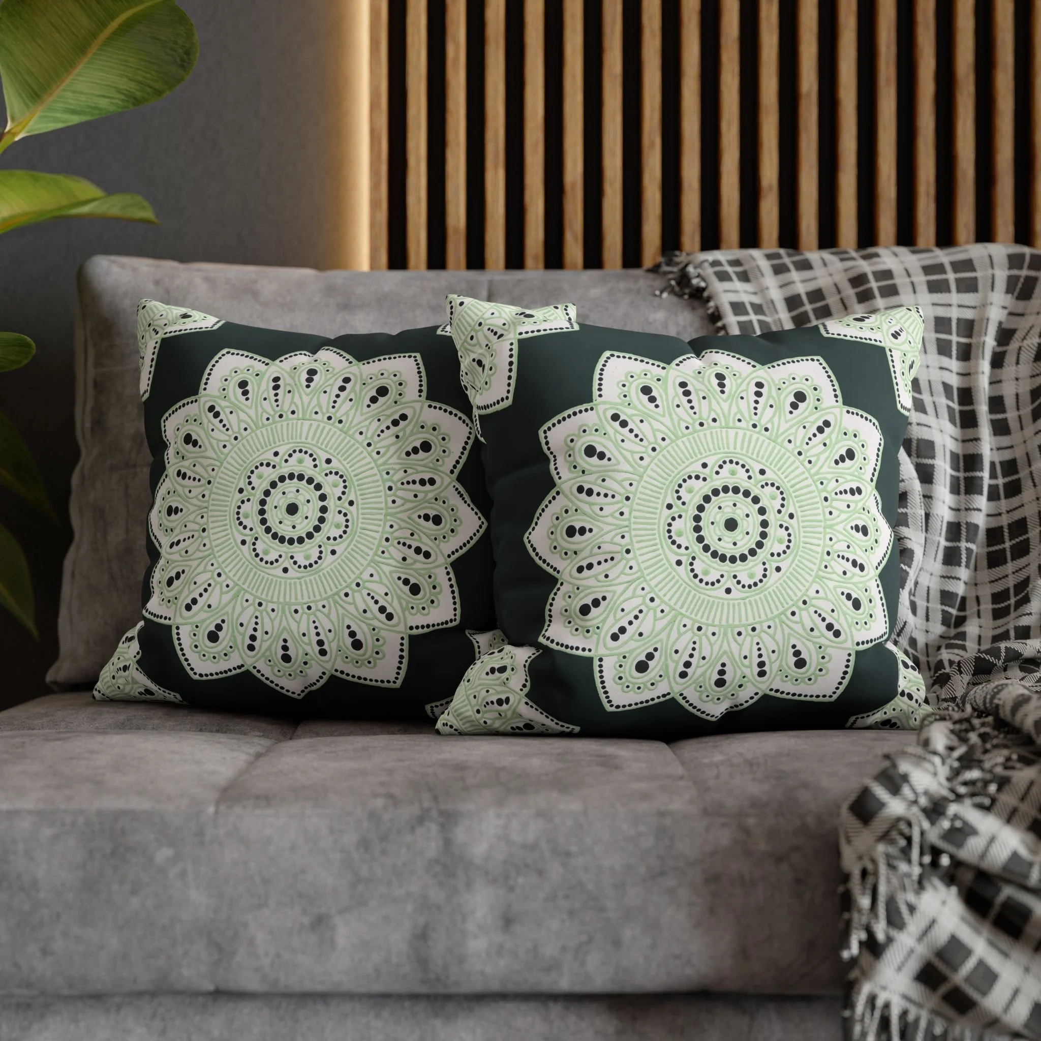 Evergreen Mandala by Erin Witters - Matching Throw Pillows on Gray Couch.png