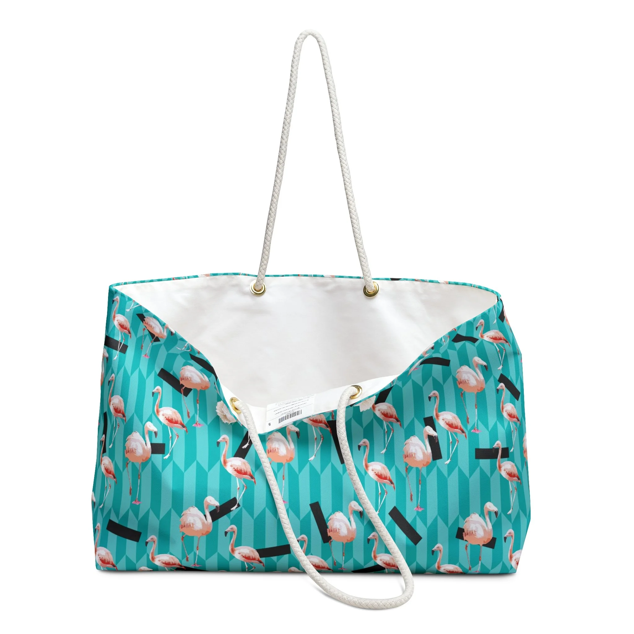 Taffy Flamingos - Weekender Rope Handle Bag Open.png