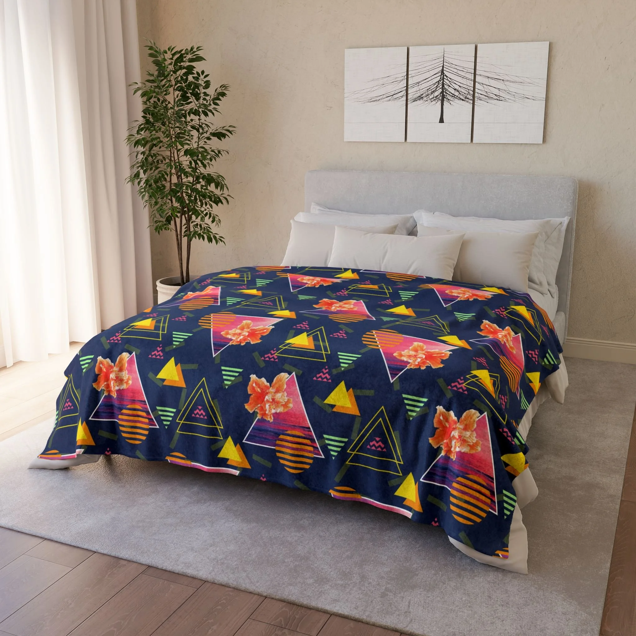 Hibiscus Sunrise - Fleece Blanket - On Bed 2.png