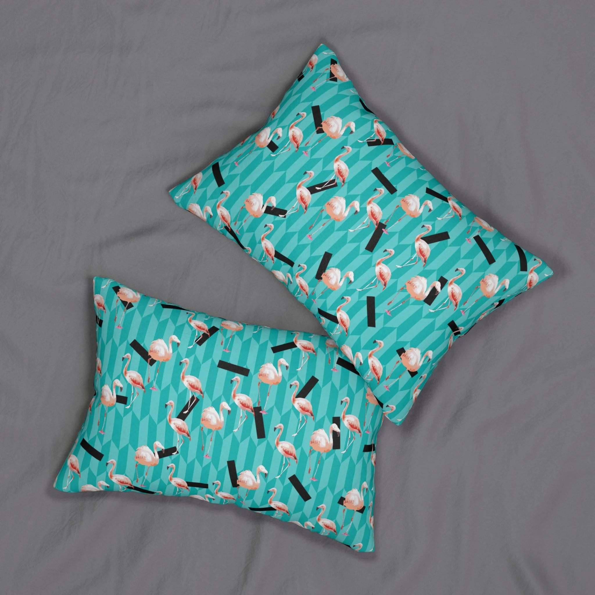 Taffy Flamingos - Lumbar Pillows on Bed.png