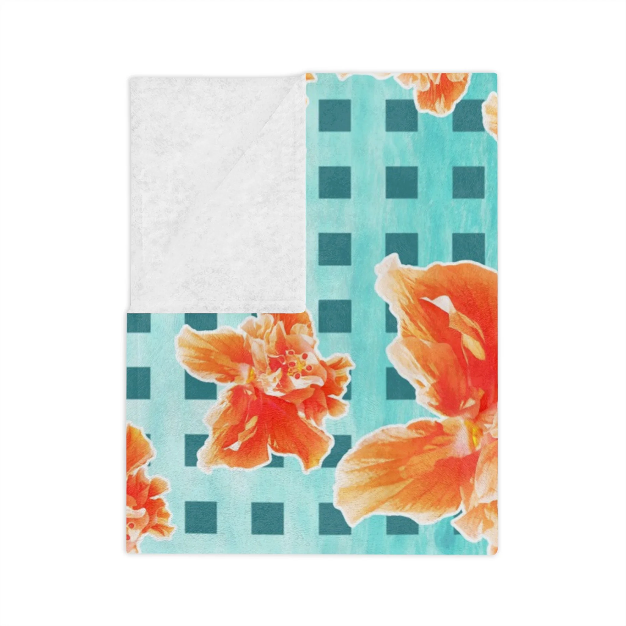 Checkered Orange Hibiscus on Turquoise Waters - Fleece Blanket Folded.png