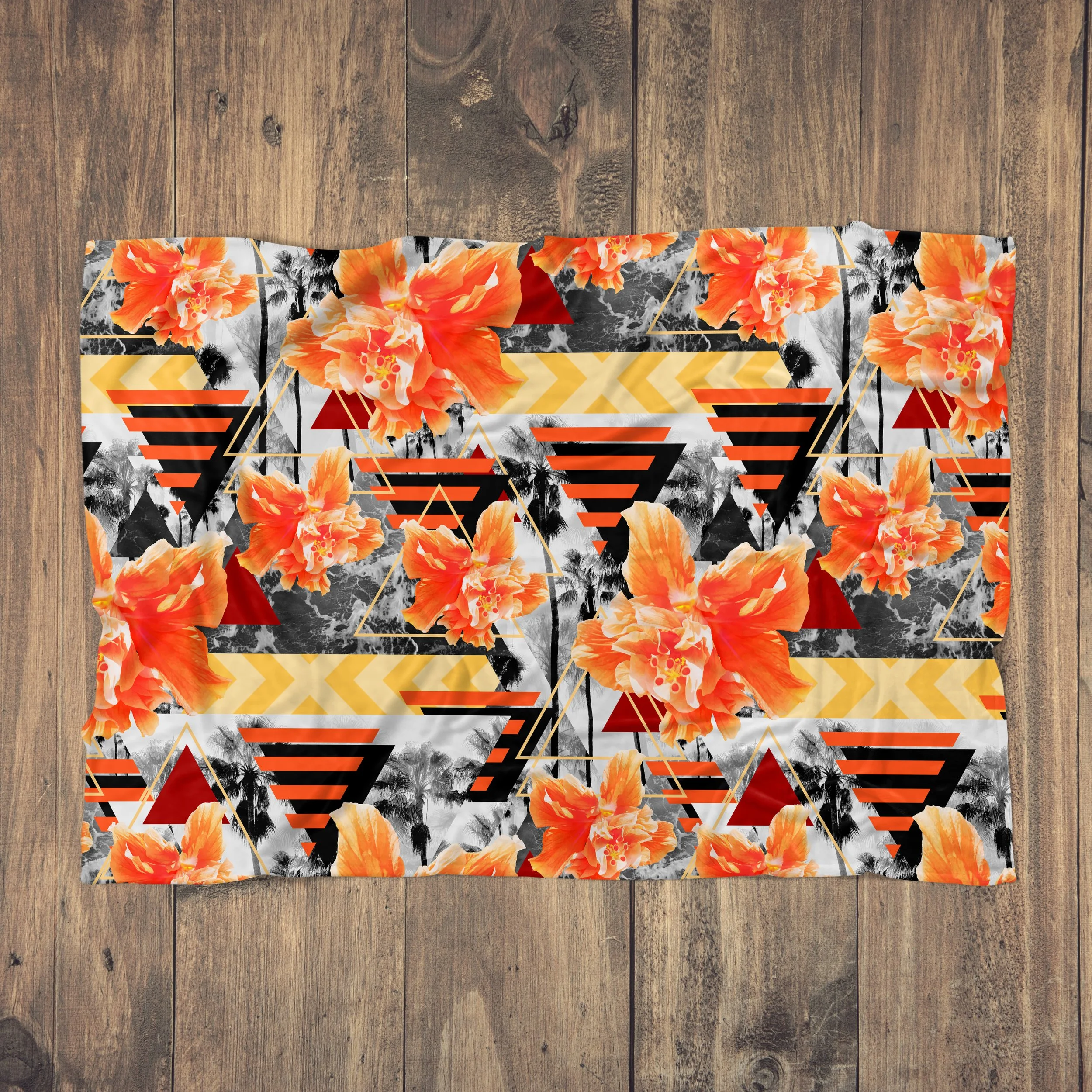 Wild Orange Hibiscus - Fleece Blanket on Wood Floor.jpg