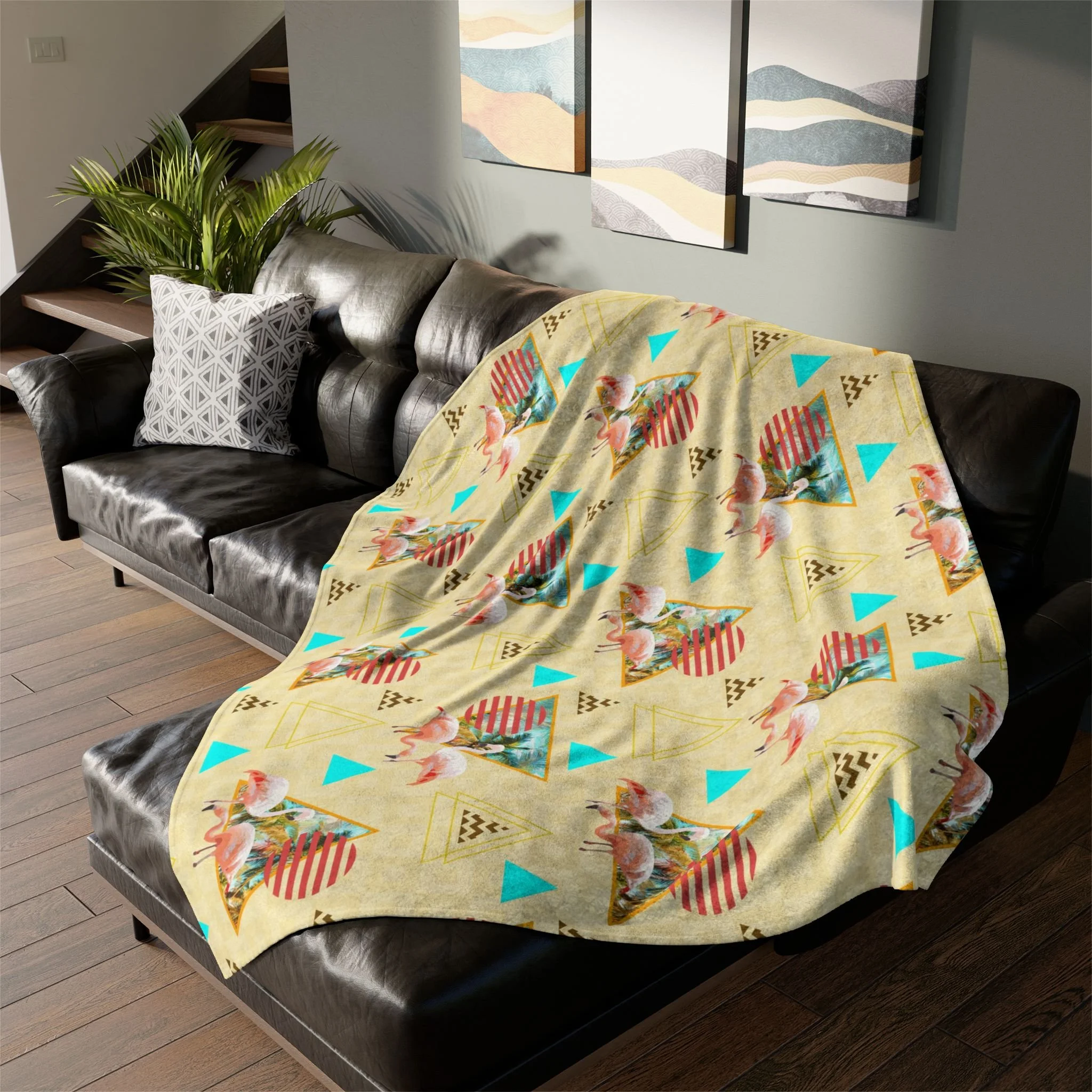 Loving Flamingos - Fleece Blanket on L-Shaped Sectional.png