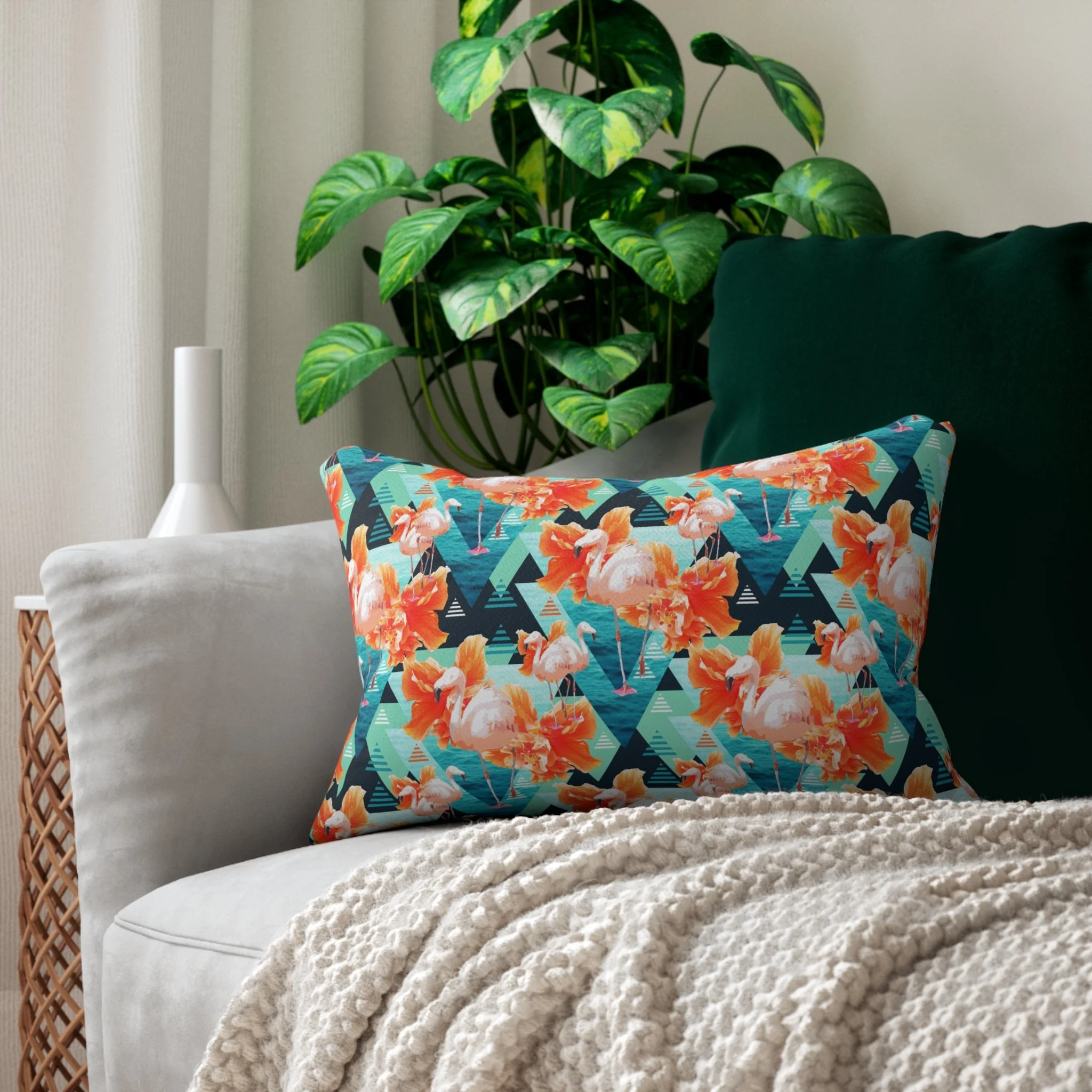 Flowers and Flamingos v7 (Dark) - Lumbar Pillow on Couch.png