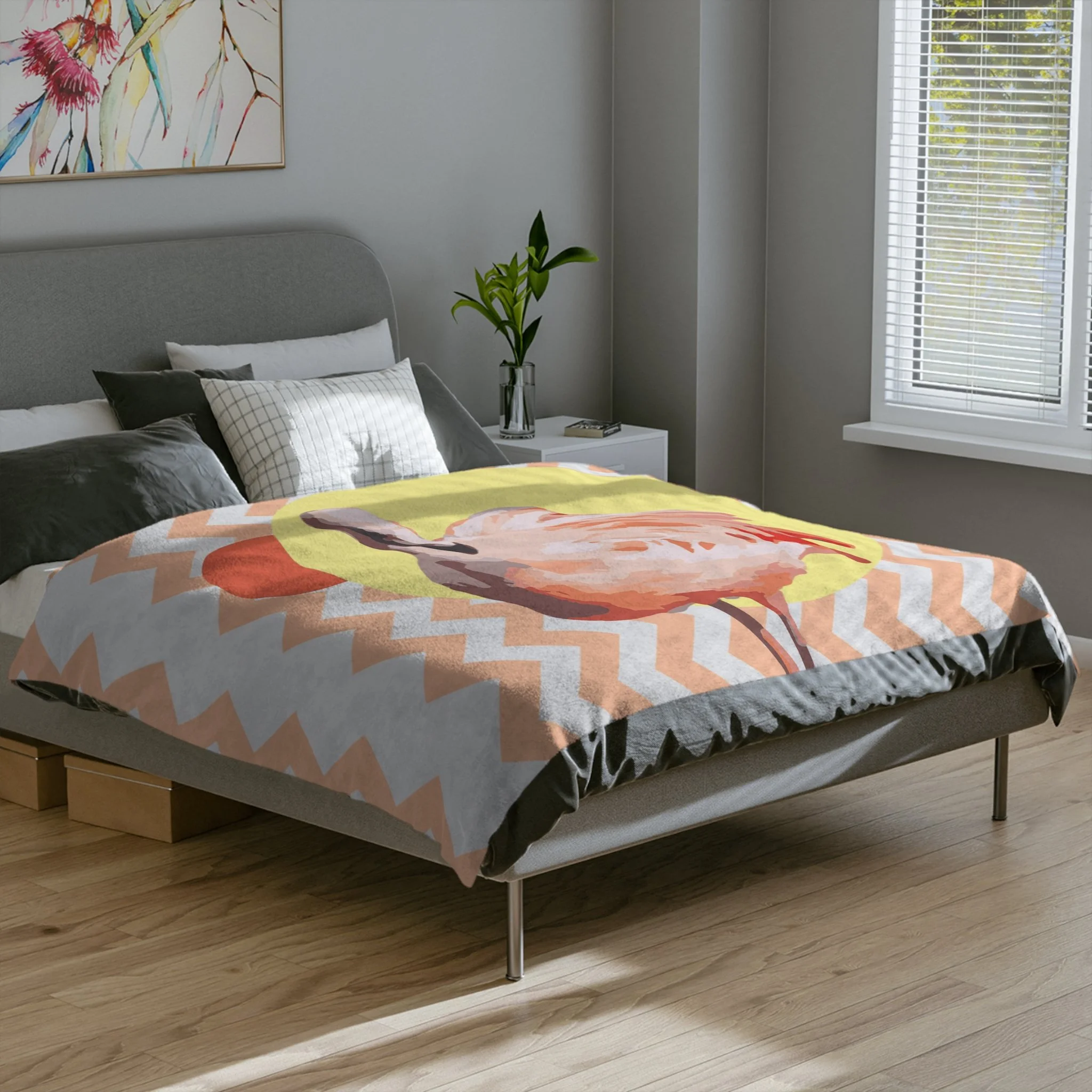 Zig Zag Flamingo - Fleece Blanket - On Bed.png