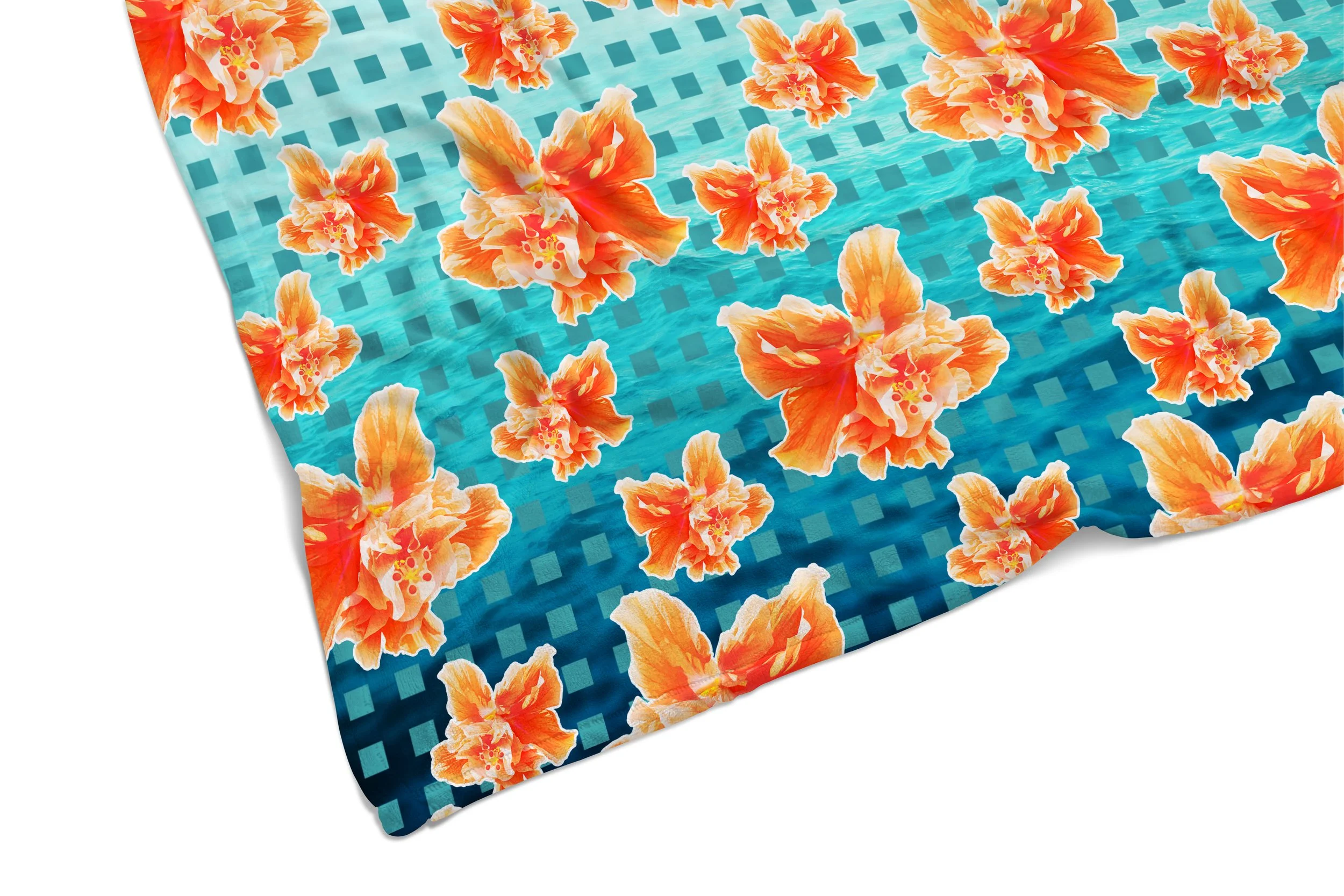 Checkered Orange Hibiscus on Turquoise Waters - Fleece Blanket Corner Close Up.jpg