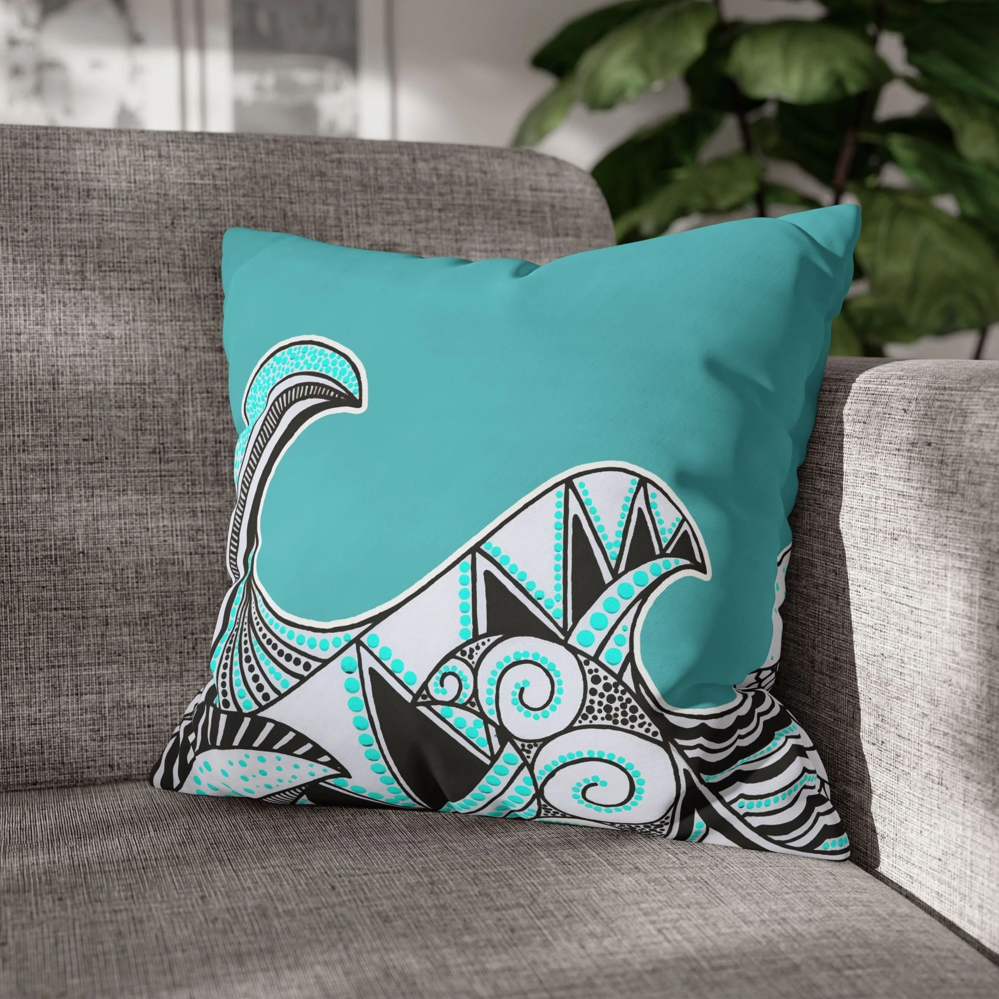 Turquoise Mandala Waves by Erin Witters - Throw Pillow on Gray Couch End.png